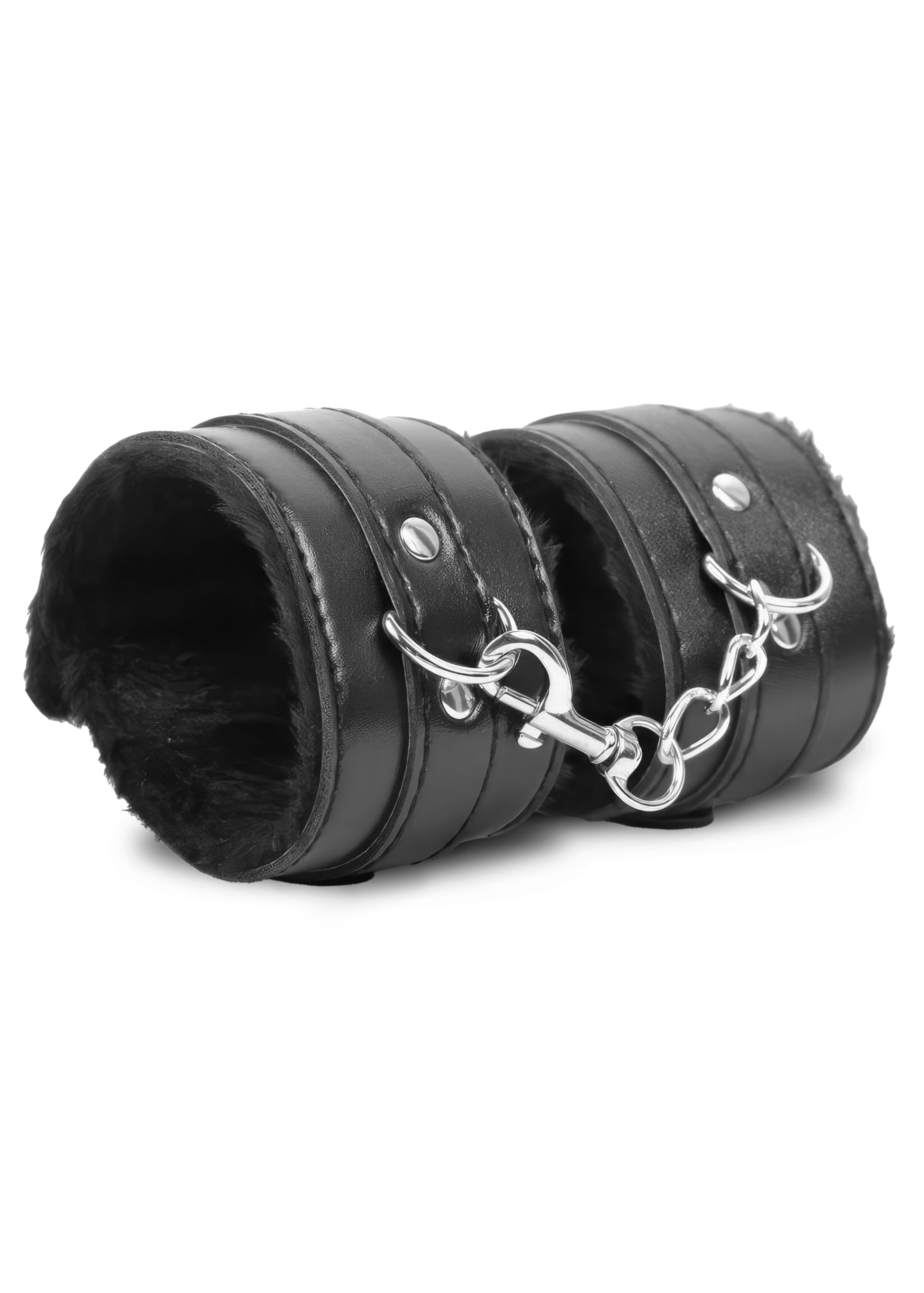 Soft Fluffy Handcuffs with Connect Chain - Adjustable Strap Lock BDSM Restraints for Couples (Black) - Perfect for Role Play, Spicing Up Bedroom & Romantic Gift Ideas
