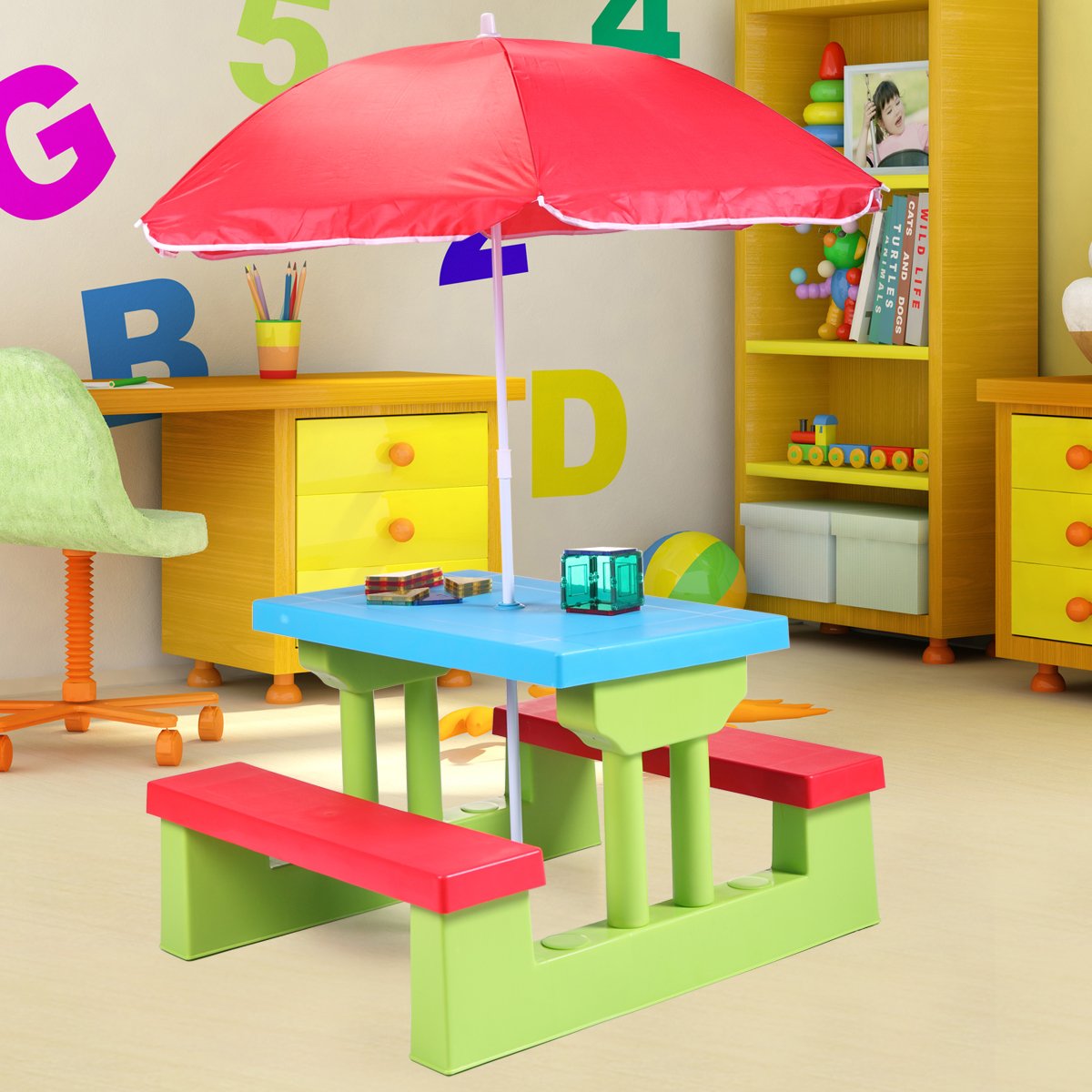 Colorful Kids Folding Picnic Table Set with Umbrella - Outdoor Children's Play Furniture for Backyard, Park & Beach Activities