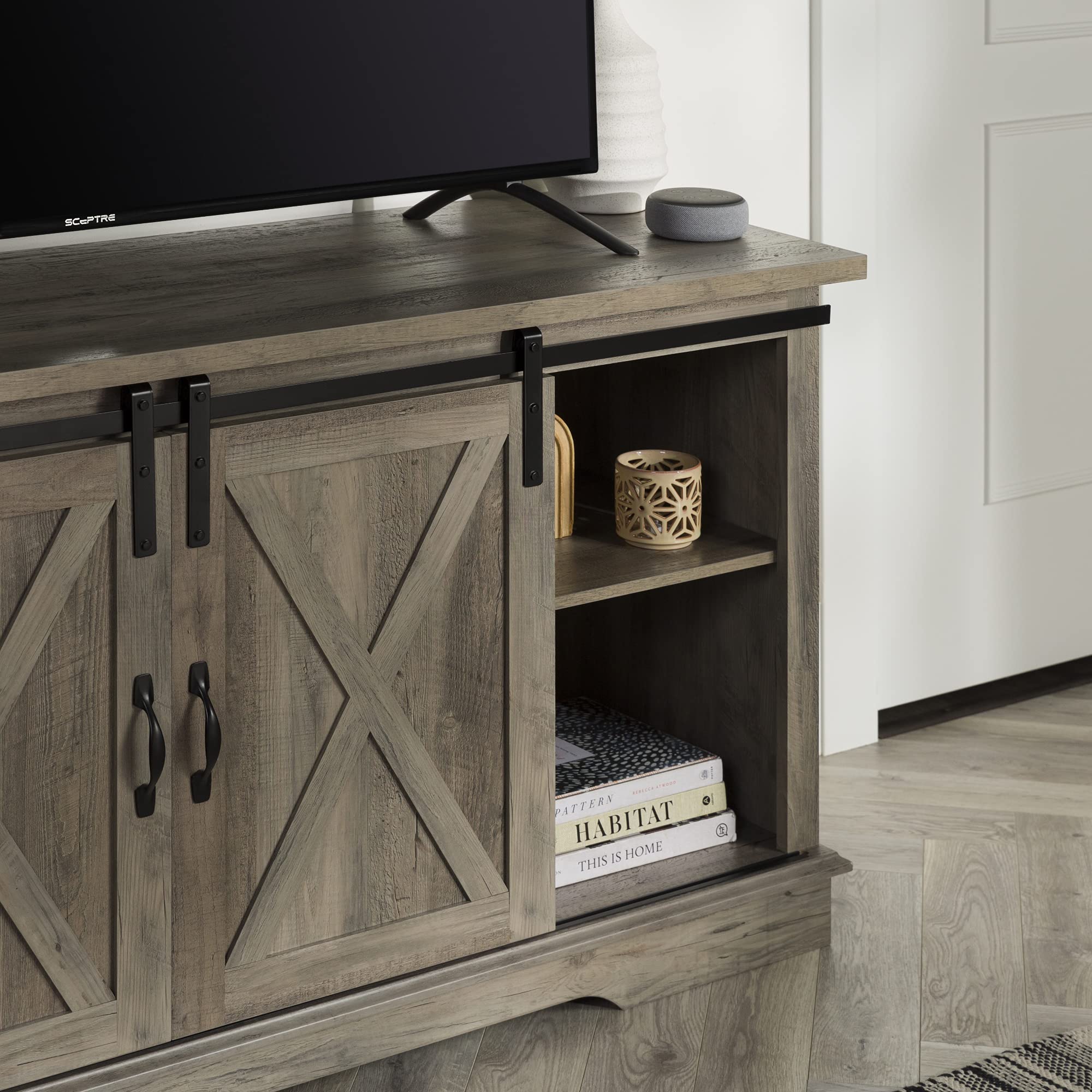 Walker Edison Richmond Modern Farmhouse 65 Inch TV Stand with Sliding Barn Doors - Rustic Grey Wash Finish for Living Room, Bedroom & Home Theater
