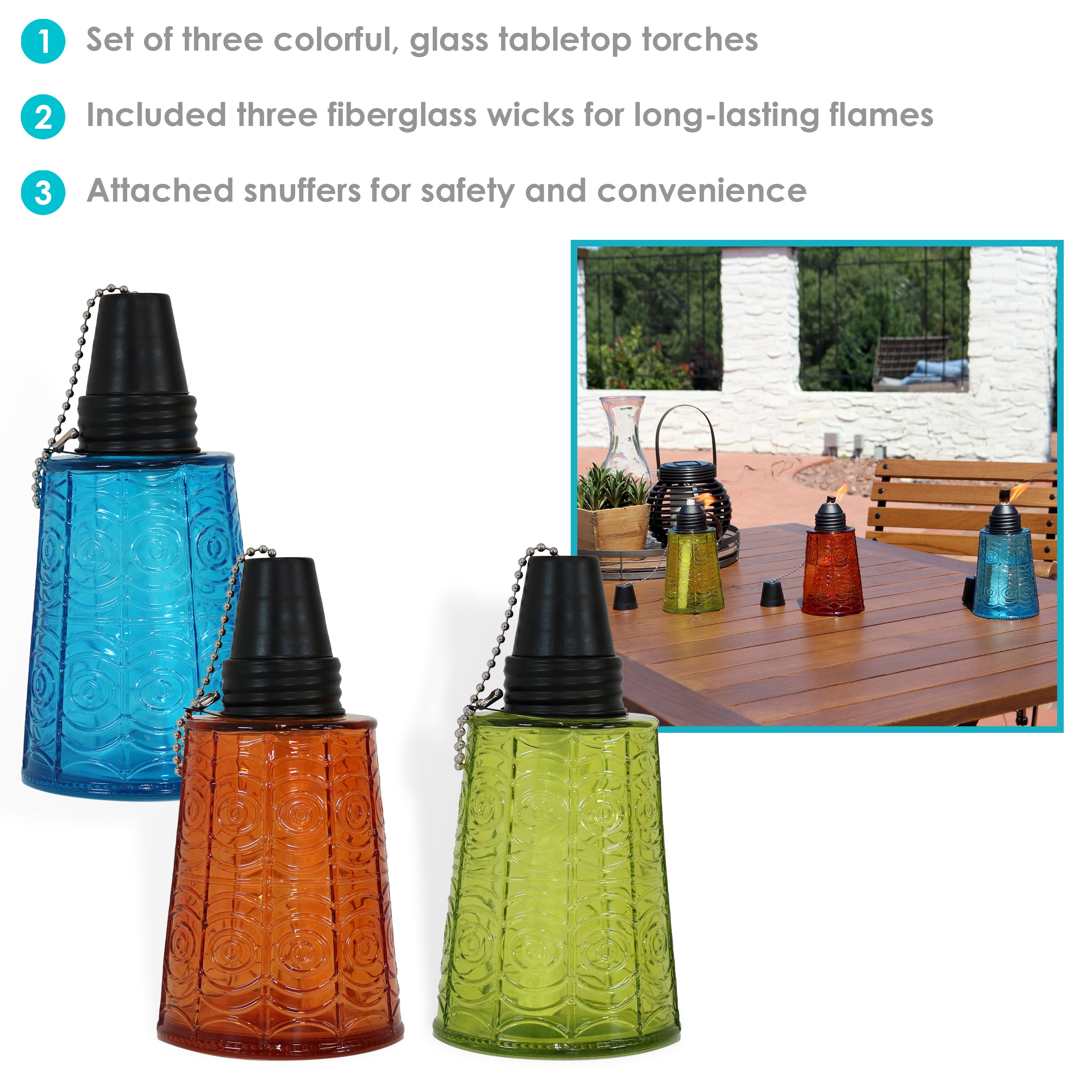 Sunnydaze Set of 3 Glass Tabletop Torches - 1 Blue, 1 Orange & 1 Green - Outdoor Patio Decor, Garden Party Lighting, Backyard Ambiance