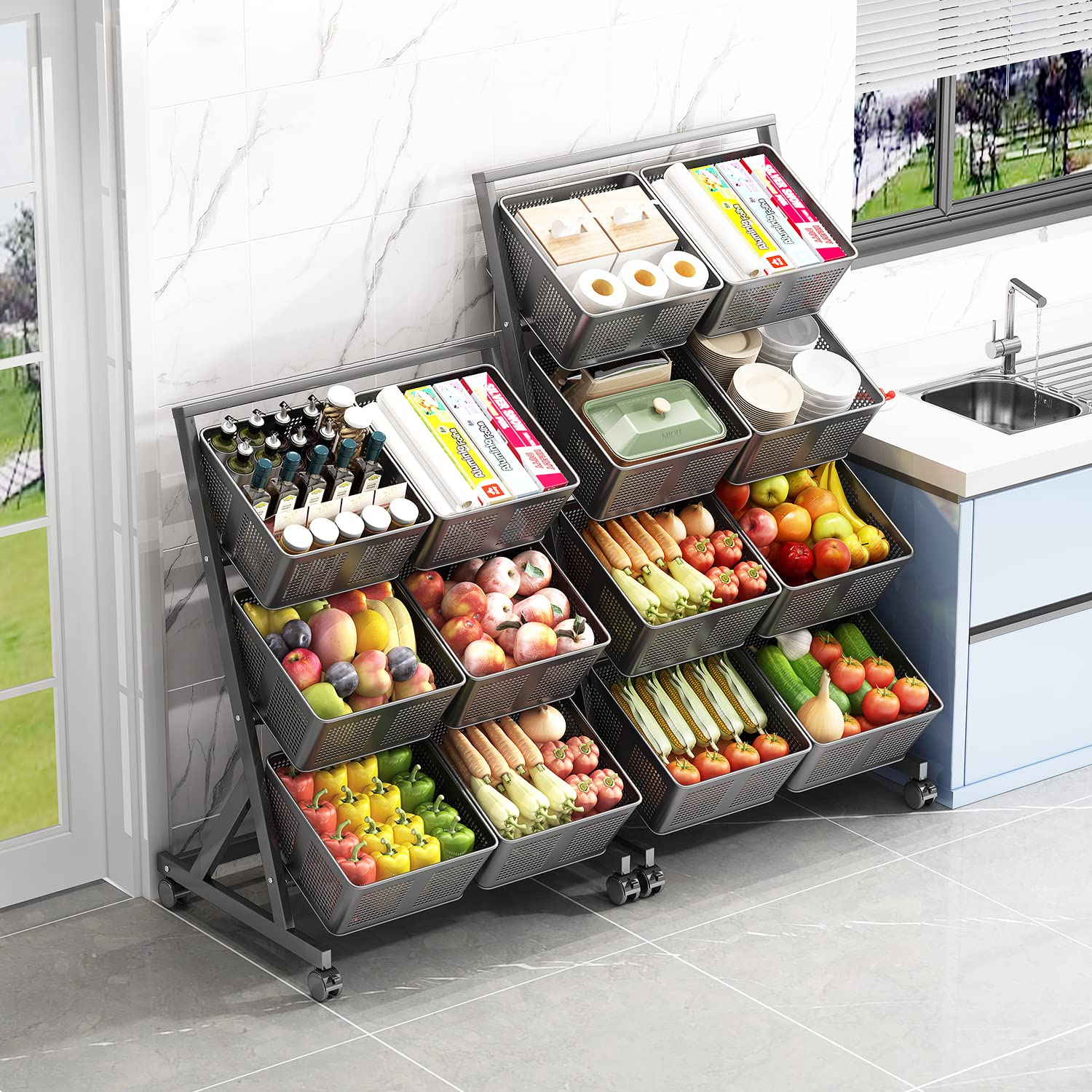 3-Tier Metal Kitchen Storage Basket with Wheels & Push Handle - Black | Multi-Purpose Organizer for Fruits, Vegetables, Pantry & Bathroom | Space-Saving Floor Stand Cart for Home & Office