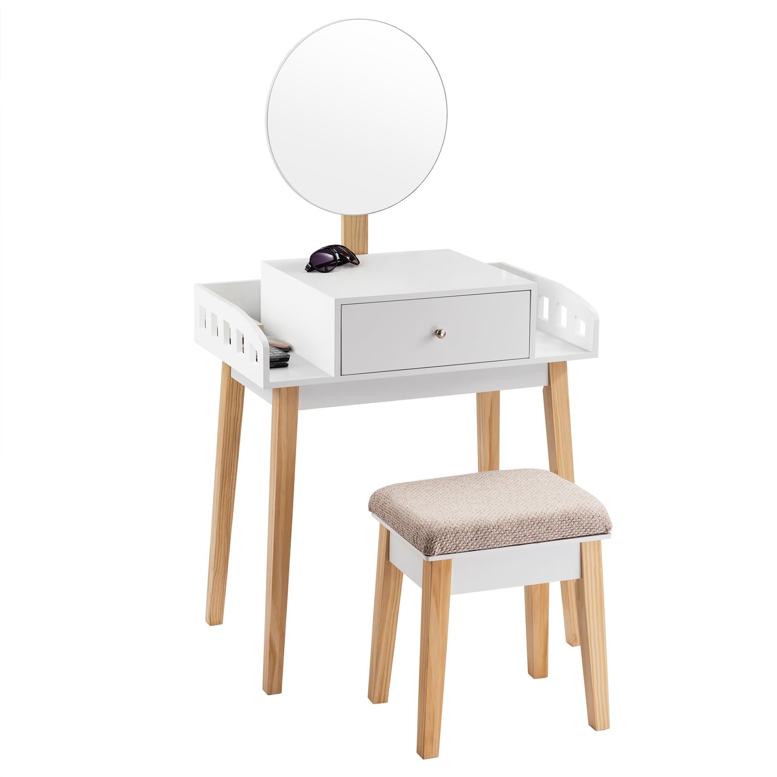 GOFLAME Vanity Dressing Table Set with Cushioned Stool & Adjustable Mirror - Modern Makeup Desk with Large Drawer for Bedroom, Home Office - Perfect for Makeup Application & Home Decor (White)