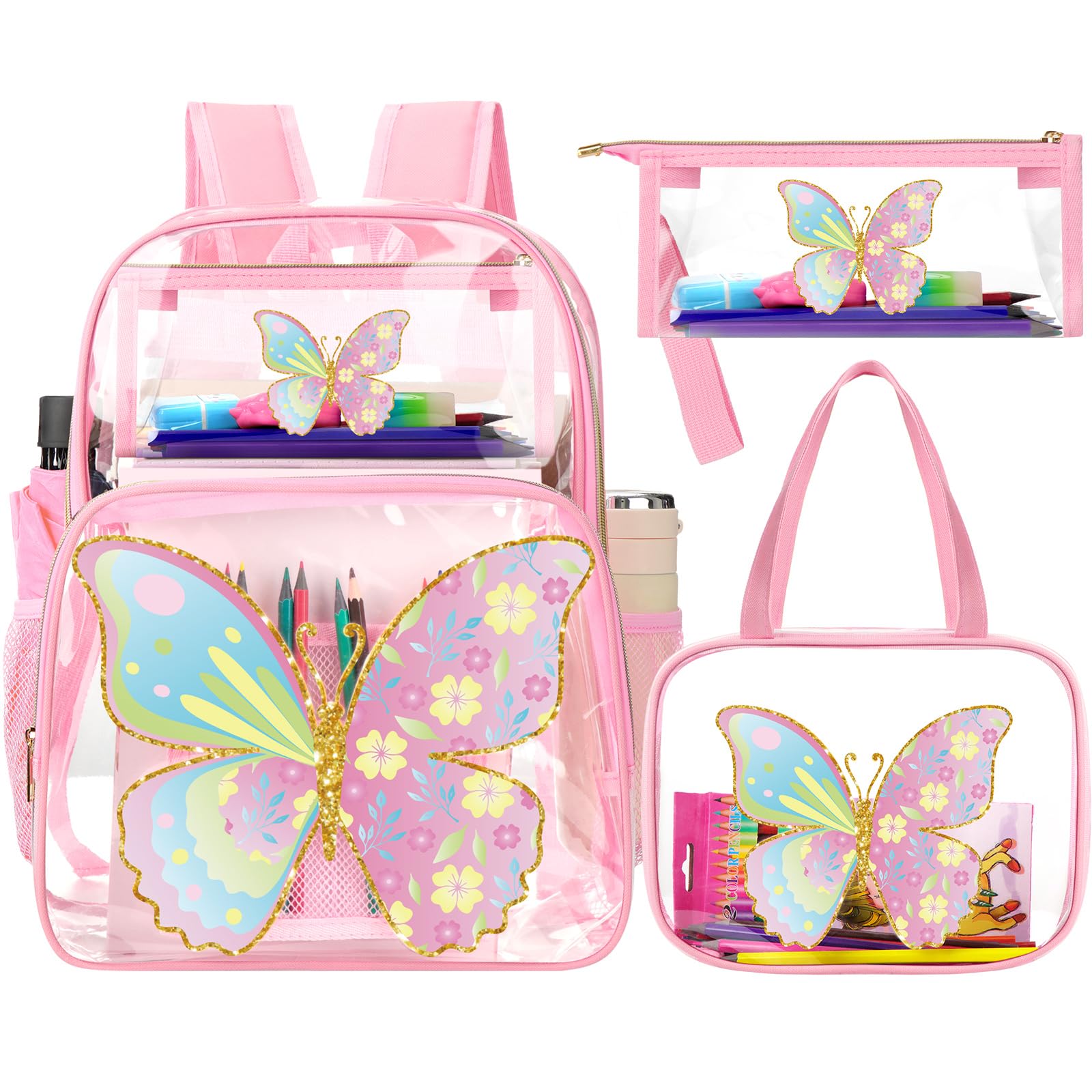 Kacctyen 3-Pack Pink Transparent Backpack Set for Kids - Heavy Duty Clear School Backpack with Lunch Bag (Rainbow & Butterfly Design) - Perfect for School, Travel, and Outdoor Activities