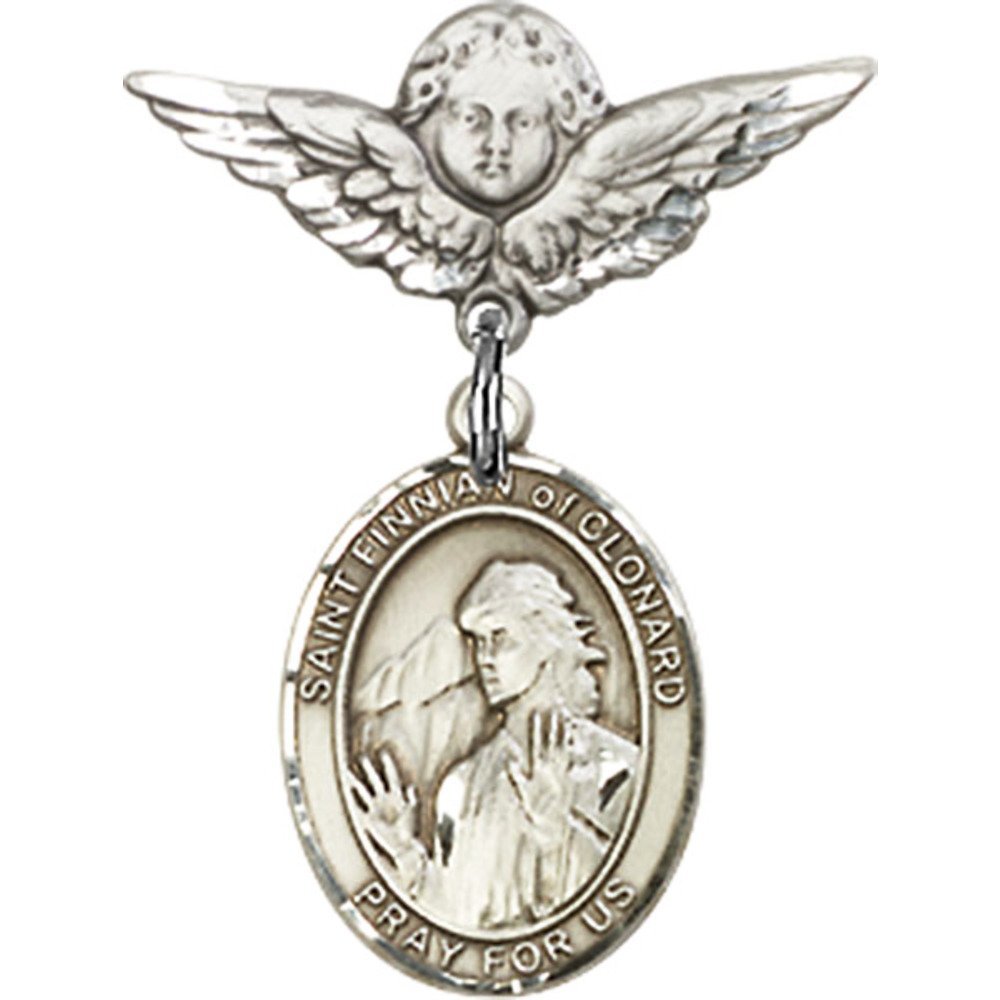 St. Finnian of Clonard Sterling Silver Baby Badge with Angel Wing Charm - 7/8