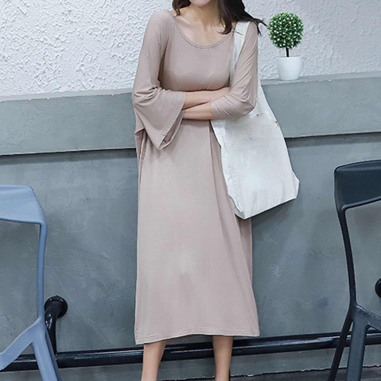 Women's Plus Size Henley V-Neck Loungewear - 3/4 Sleeve Sleepwear & Nightgown Pajama Dress for Relaxing at Home | Comfortable Midi-Length Nightwear for Sleep, Lounge & Casual Wear