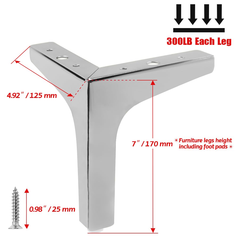 4pcs 7 Inch Modern Chrome Triangle Furniture Legs - Polished Metal Sofa Legs for Table, Cupboard, Couch & Chair - Perfect for Living Room, Bedroom & Office Furniture Upgrade