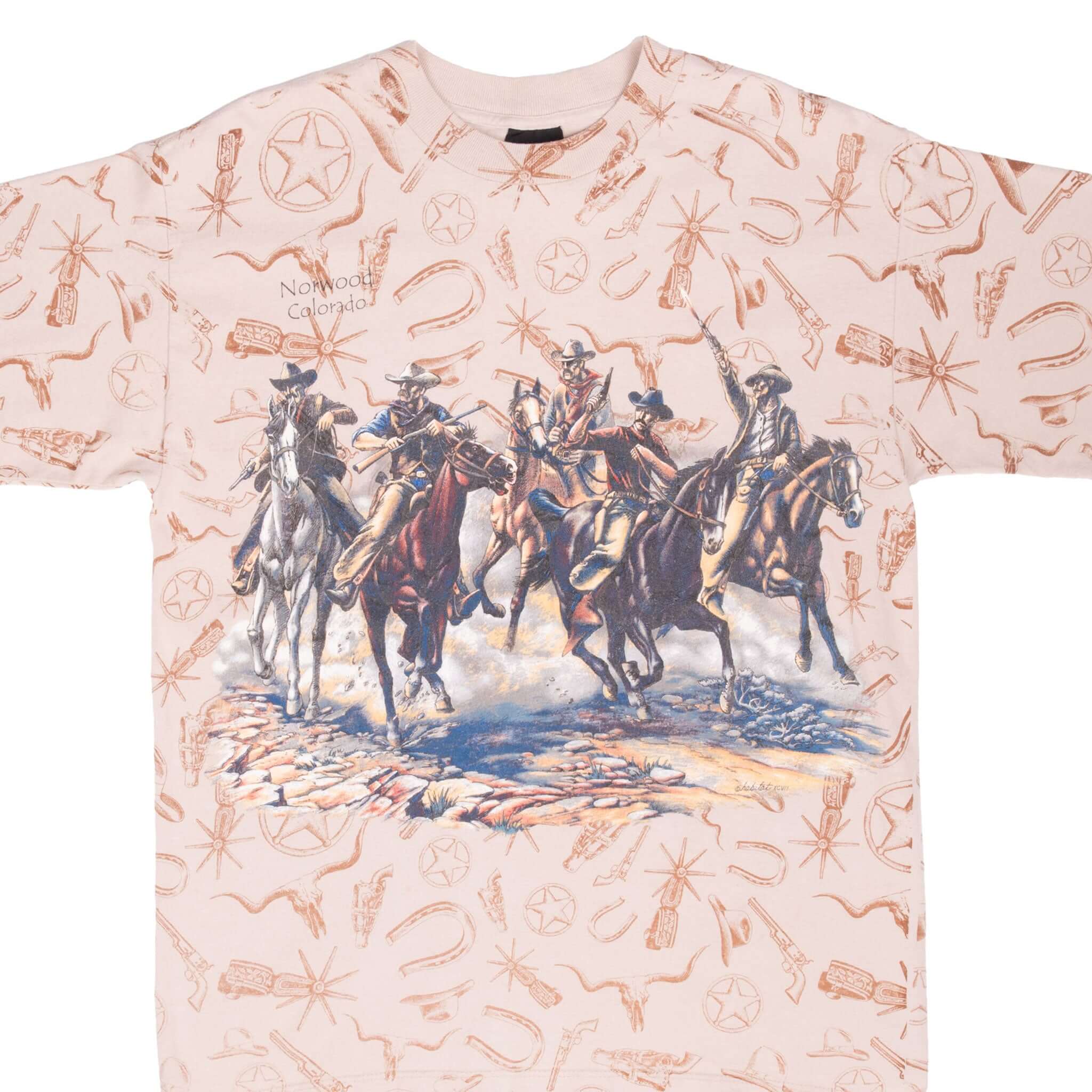 Vintage All Over Print Cowboy Norwood Colorado 1997 T-Shirt - Large Size - Made in USA - Western Style Graphic Tee for Casual Wear & Retro Fashion Lovers