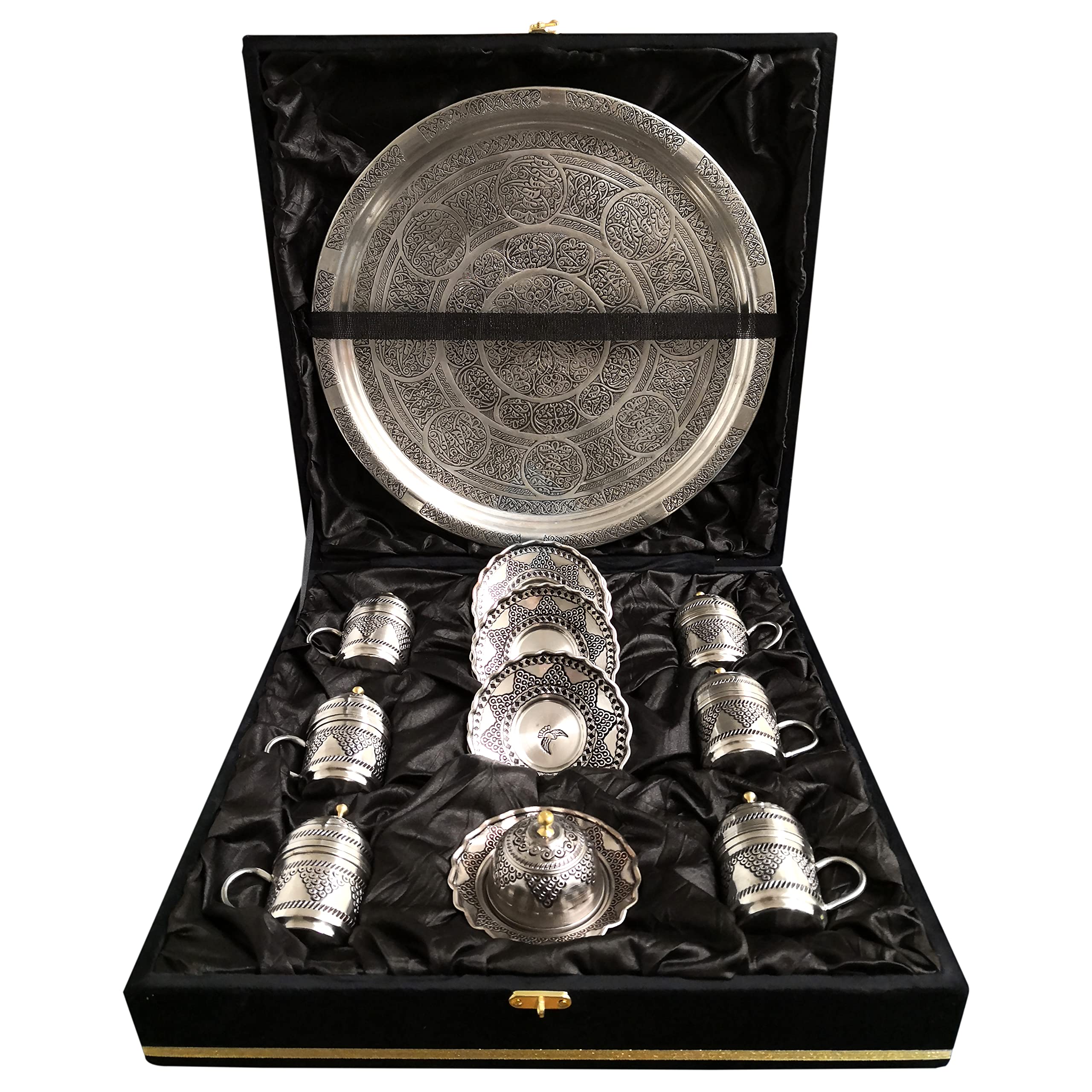 Turkish Copper Coffee Cup Set of 6 with Tray - Vintage Espresso Cups in Velvet Gift Box, Nickel Plated Mini Coffee Serving Set for Home, Cafe & Turkish Coffee Ceremony