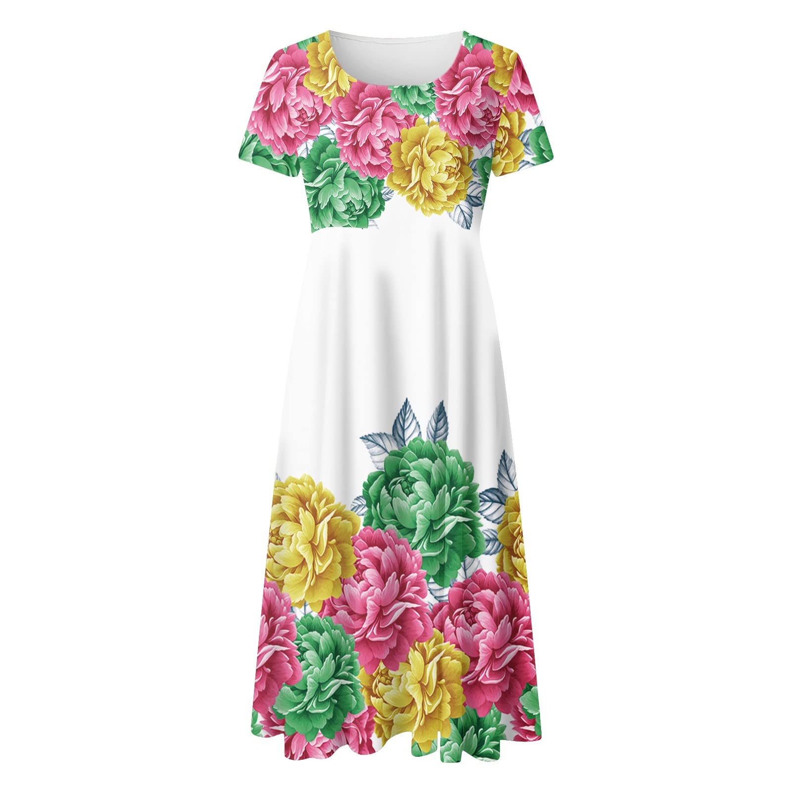 Women's Summer Casual Short Sleeve Floral Printed Boho Dress - Loose Fit Crew Neck Sundress for Beach, Vacation & Everyday Wear