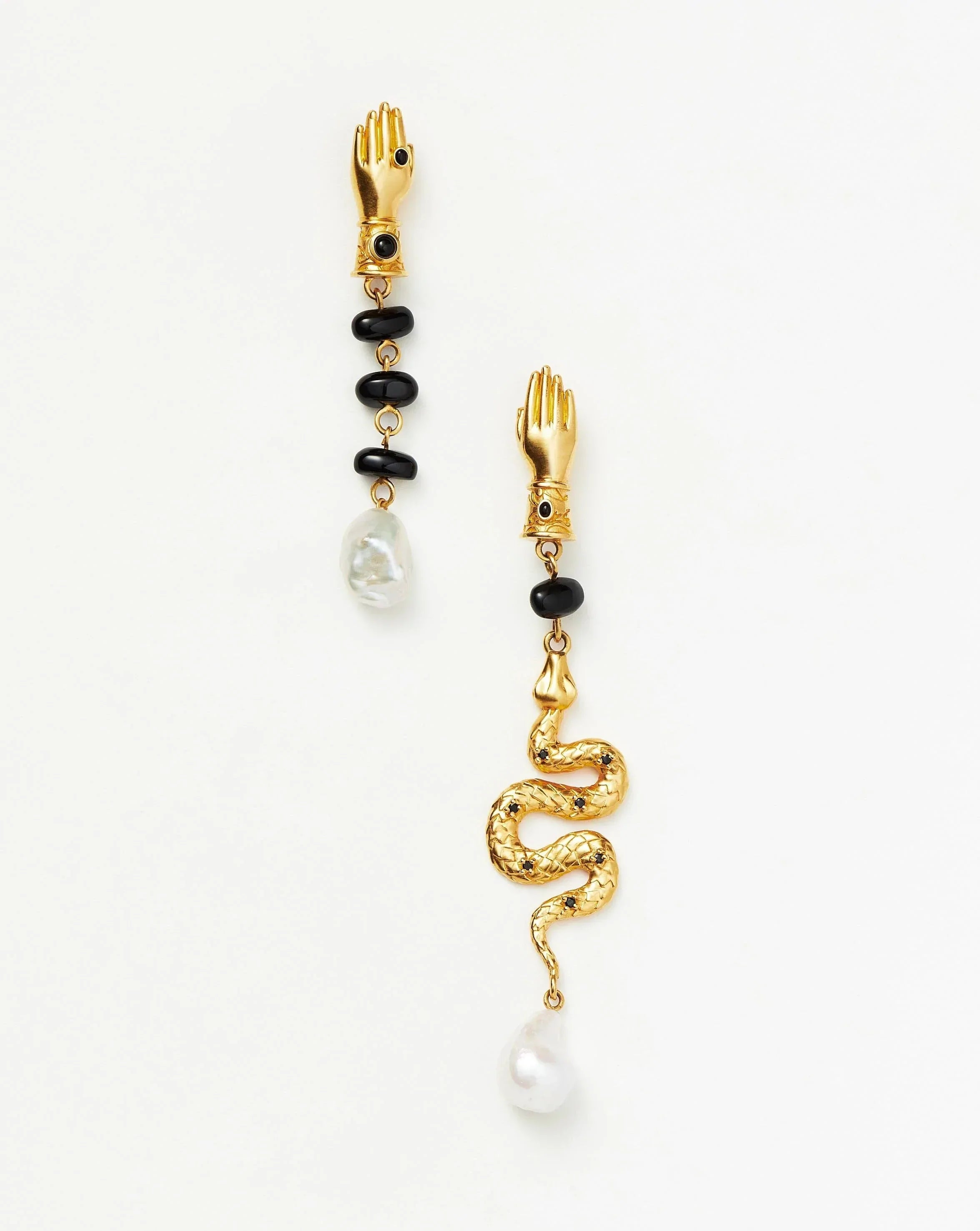 Harris Reed Handpicked Serpent Mismatch Earrings - 18k Gold Plated with Pearl & Black Onyx | Luxury Fashion Jewelry for Women, Perfect for Parties, Weddings & Special Occasions