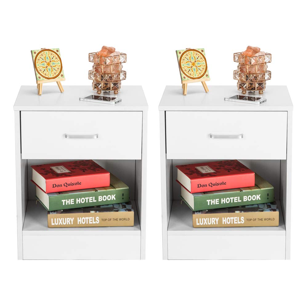 2PC White Nightstand with Drawer & Storage Shelf - Modern Bedside End Table for Bedroom, Living Room, or Office - Perfect for Small Spaces & Home Organization