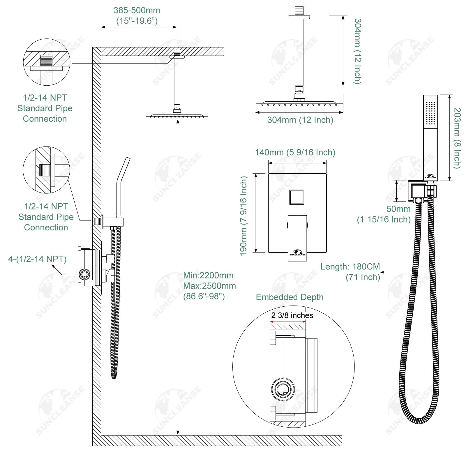 SunCleanse Brushed Nickel Ceiling Mount Rain Shower System - 12 Inch Square High Pressure Shower Head with Handheld Sprayer & Mixer Valve - Perfect for Spa-Like Luxury Bathroom Experience
