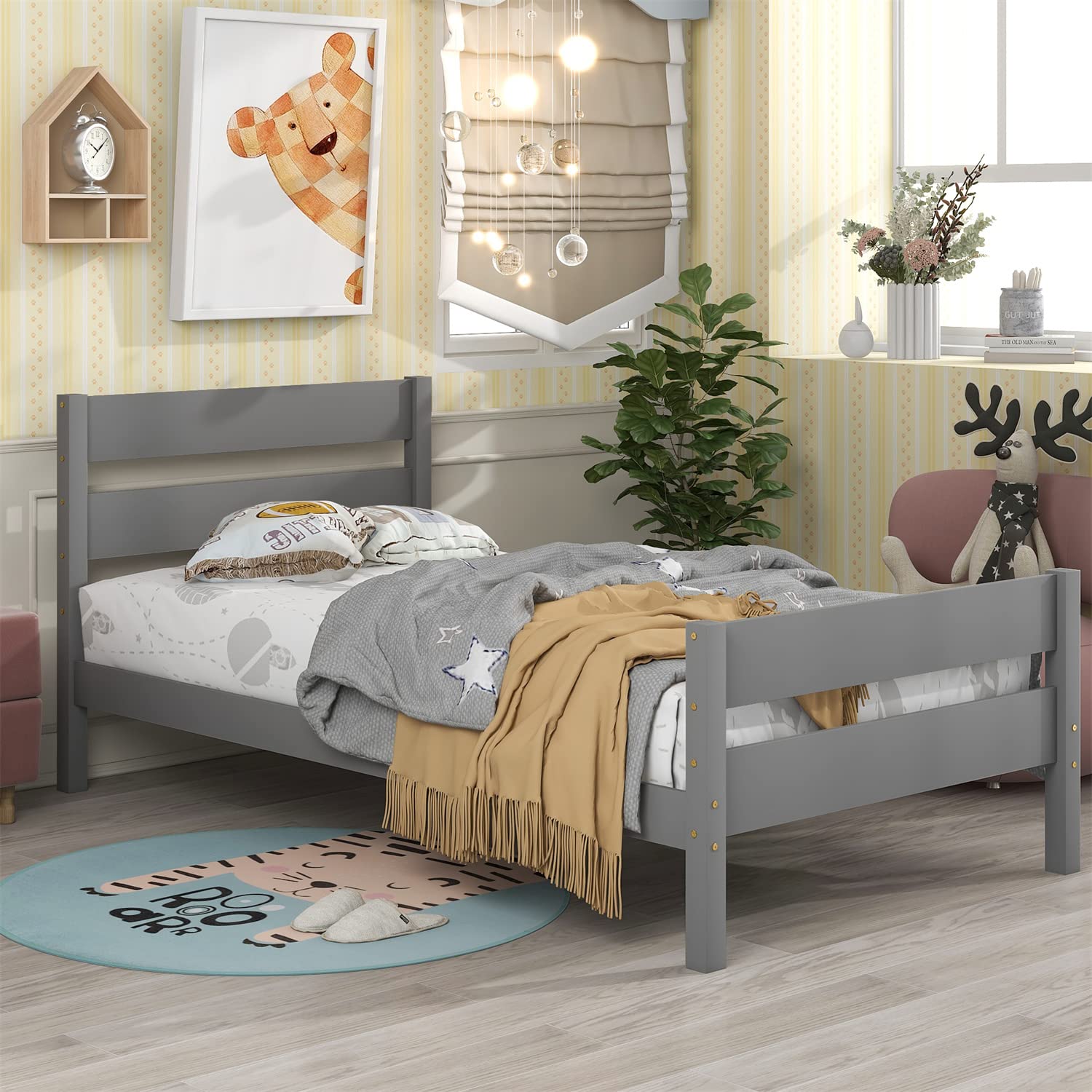 Henf Twin Bed Frame with Headboard & Underbed Storage - No Box Spring Needed, Grey - Perfect for Kids' Bedroom, Guest Room & Small Spaces