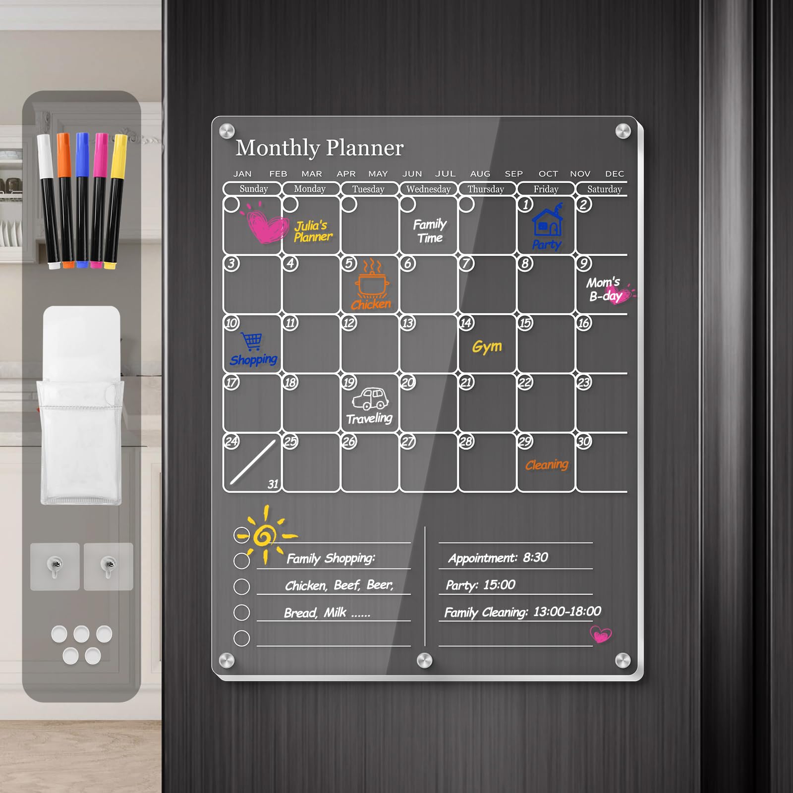 IDEATECH 2025 Magnetic Fridge Calendar Planner - 2-in-1 Clear Dry Erase Board for Refrigerator with Monthly & Weekly Layout - Grocery List & Family Organizer Whiteboard Magnet (White) - Perfect for Kitchen Organization & Family Scheduling