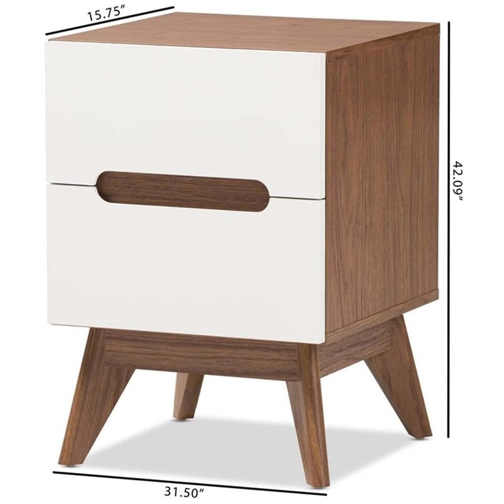 BOWERY HILL Mid-Century Modern 2-Drawer Nightstand - White & Walnut Wood Bedside Table for Bedroom Furniture with Storage