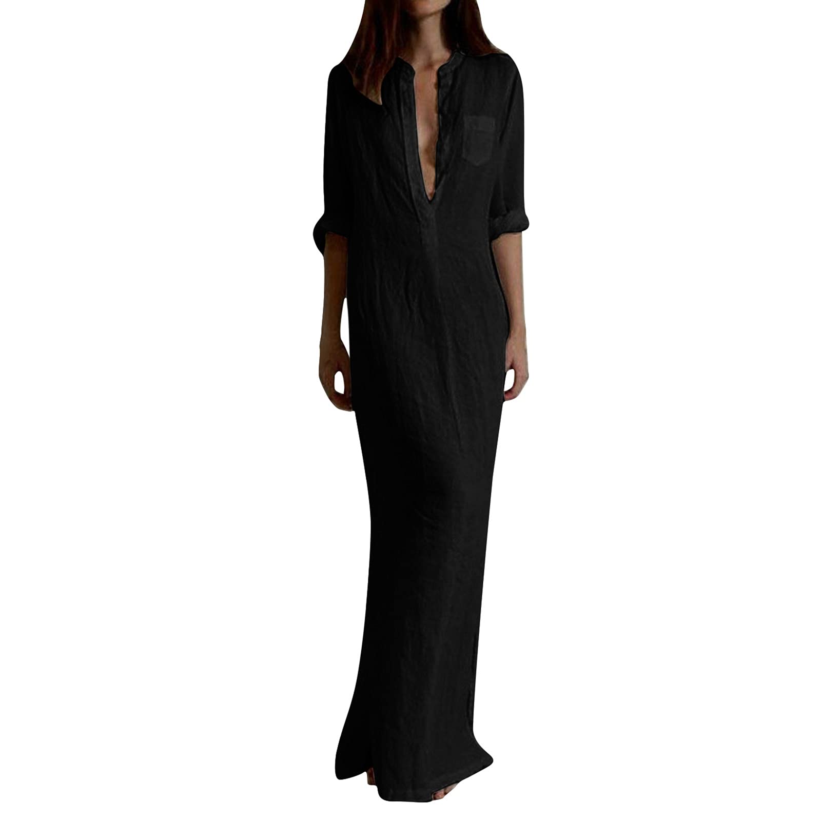 RbCulf Women's Casual Maxi Dress - Long Sleeve V-Neck Flowy Beach Dress with Side Slit, Solid Color Floor-Length Summer & Fall Dress | Perfect for Beach Vacations, Date Nights, and Casual Outings