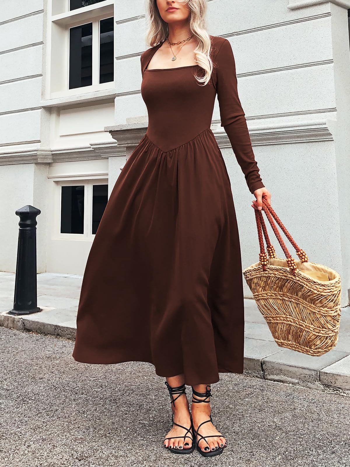 Women's Long Sleeve Maxi Dress 2024 | Fall Crewneck Knit Casual Solid Wedding Guest Dress | Flowy Elegant Long Dress with Pockets | Perfect for Weddings, Parties & Autumn Outfits