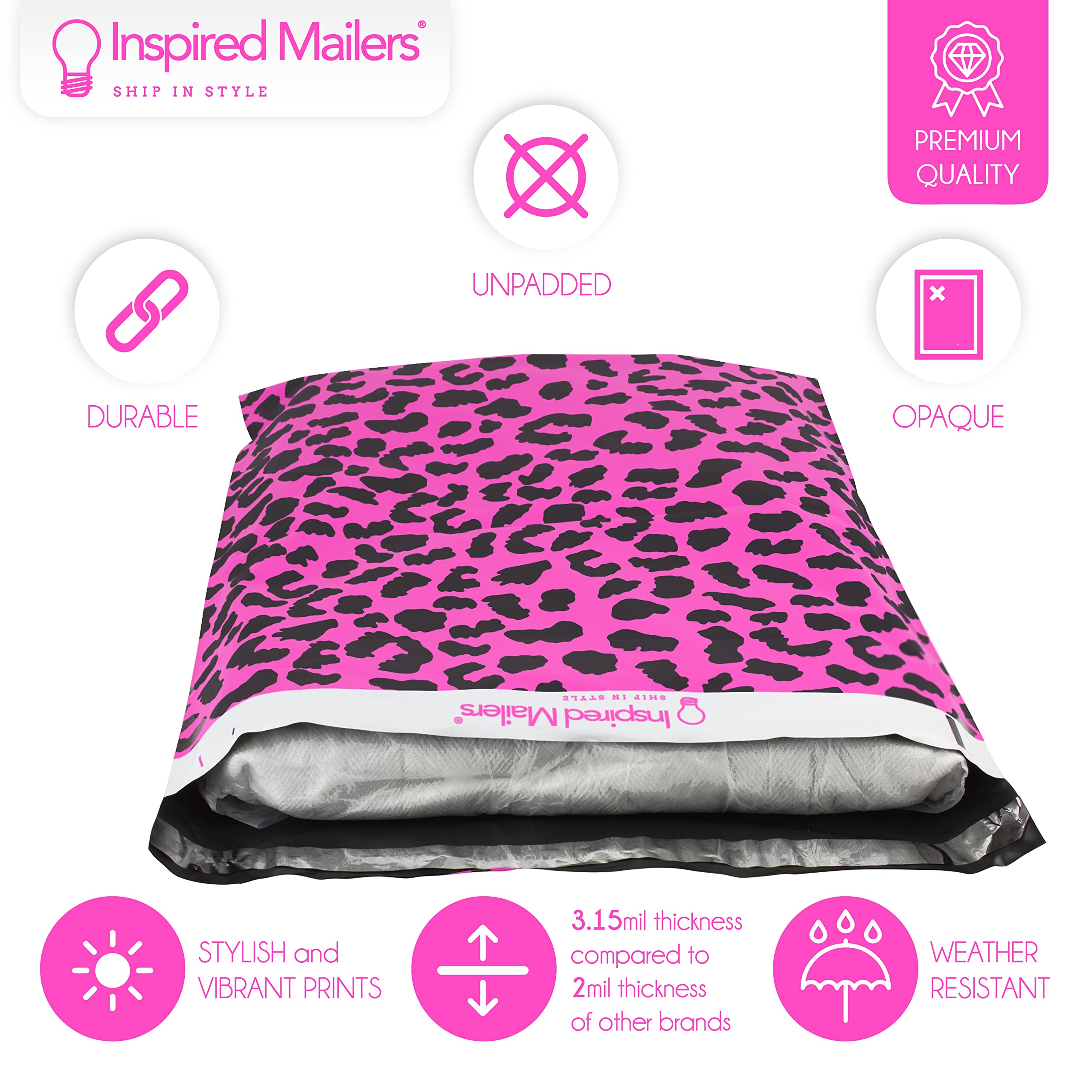 Inspired Mailers - 14.5 x 19 Inch Large Poly Mailers (50 Pack) - Hot Pink Cheetah Print Shipping Bags for Clothing & Apparel - Durable Mailing Envelopes for Ecommerce, Boutique & Online Store Shipping