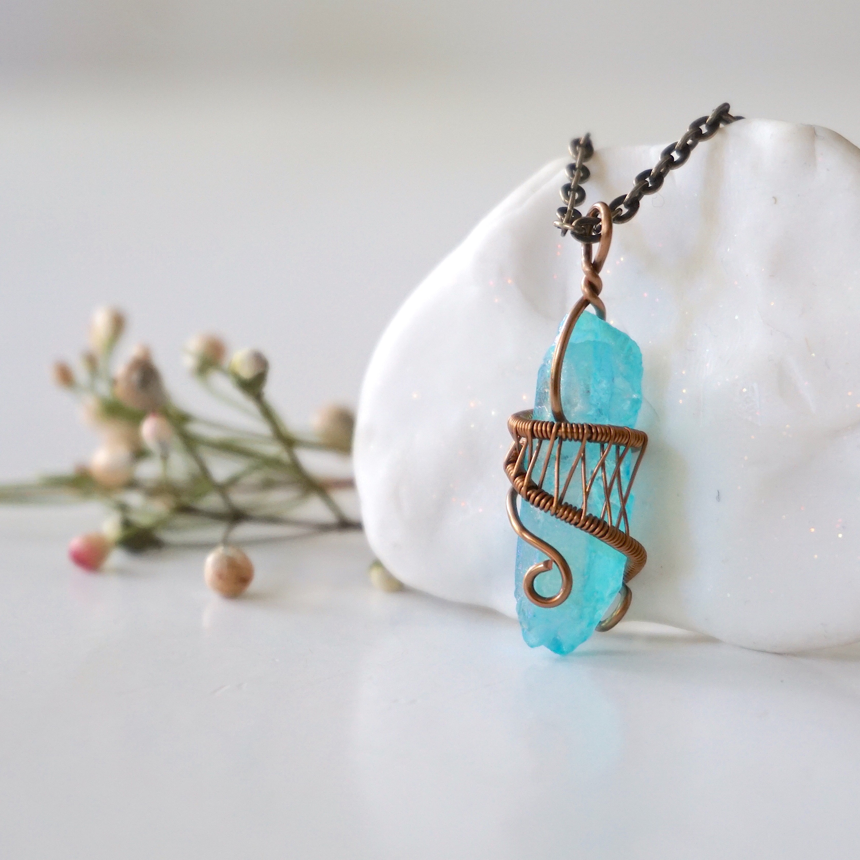Aqua Aura Quartz Necklace - Healing Crystal Point Pendant with Antique Bronze Chain | Spiritual Jewelry for Meditation, Energy Cleansing & Chakra Balancing