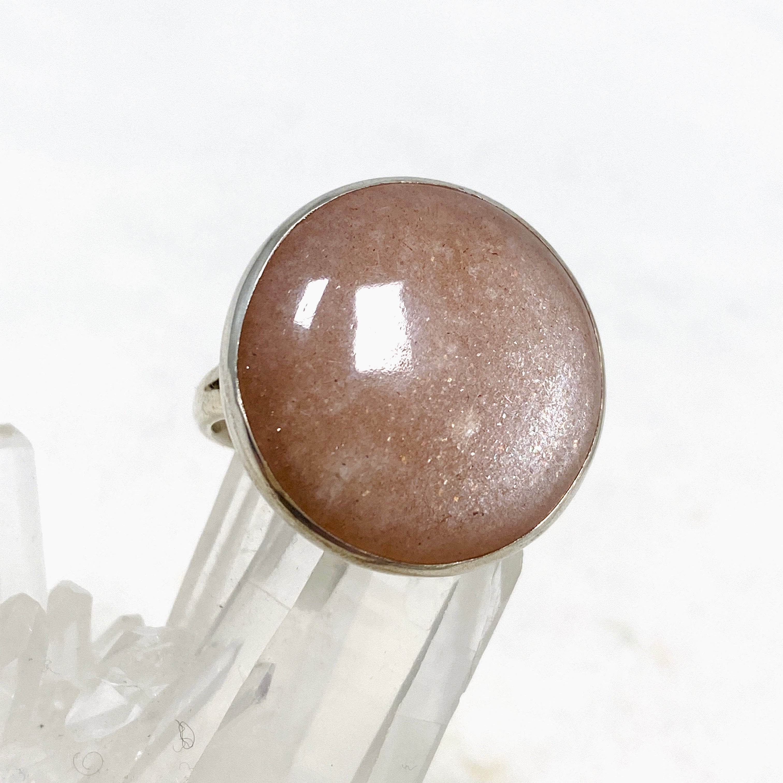 Natural Peach Moonstone Round Ring - Size 10 Silver Jewelry KRGJ2173 | Elegant Boho Gift for Women, Perfect for Weddings & Everyday Wear