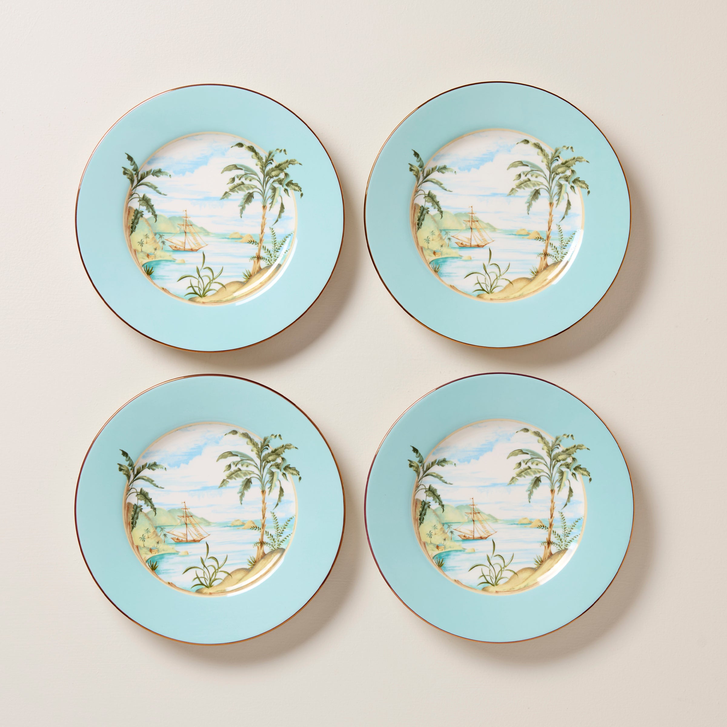 British Colonial Tradewind Accent Plates - Set of 4 Decorative Dinner Plates for Coastal Dining, Beach House Decor & Tropical Table Setting