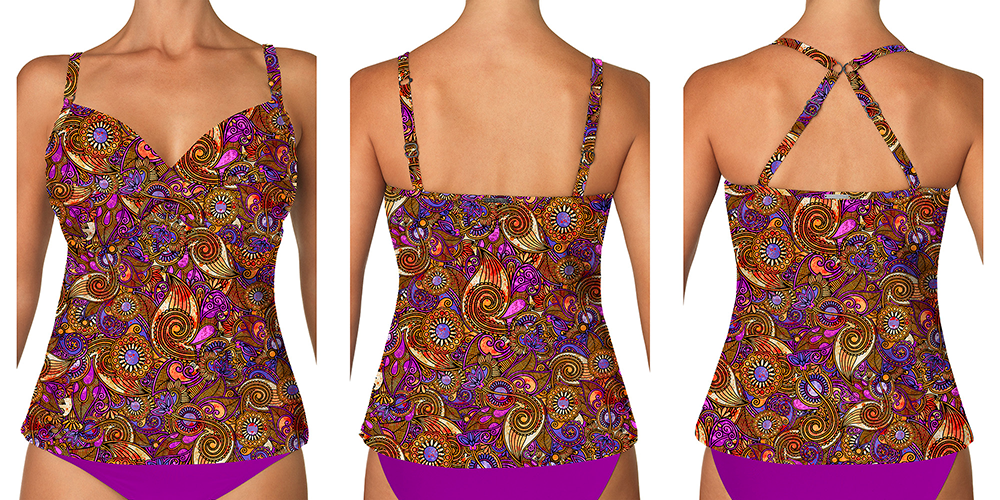 Bali Batik G792 Shirred Underwire Tankini Swimsuit - Floral Printed Bikini Top for Women, Adjustable Straps, Comfortable Swimwear for Beach, Pool, and Vacation