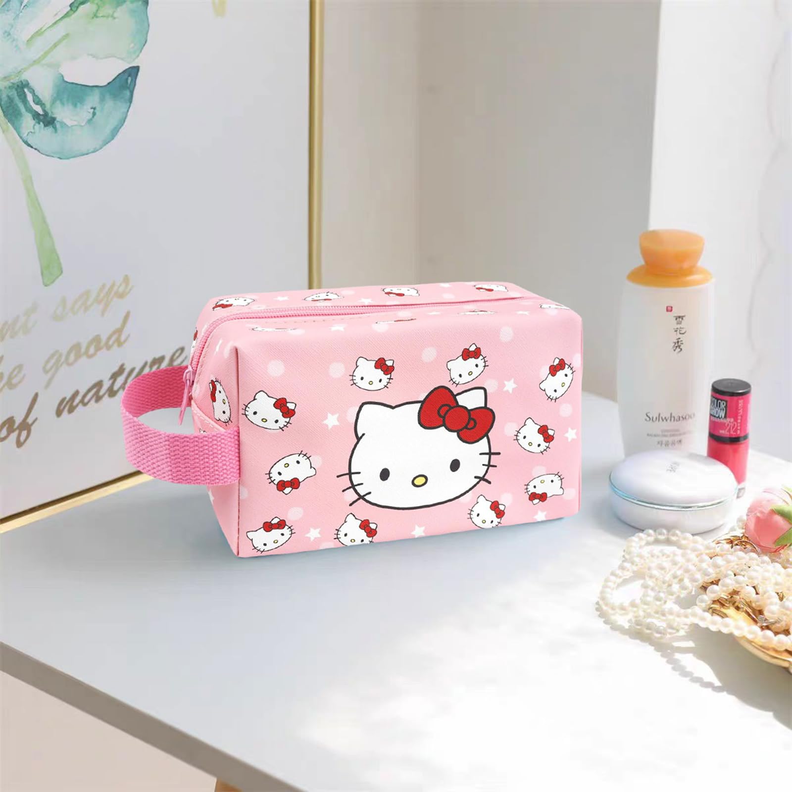 Cute PU Leather Travel Makeup Bag & Soft Spa Headband Set - Waterproof Toiletry Organizer for Women & Girls - Perfect for Travel, Gym, and Skincare Routine