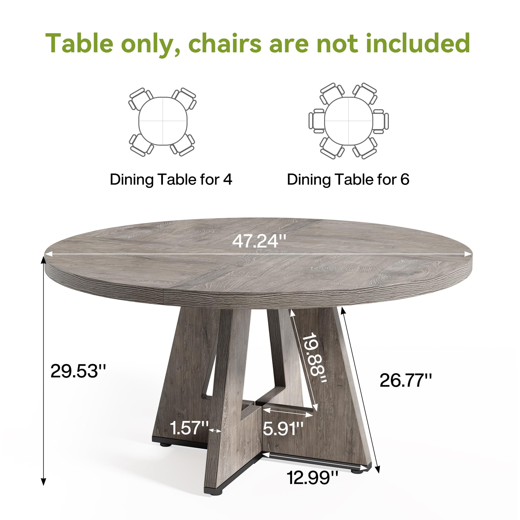 Round Dining Table for 4-6 People, 47 Inch Wooden Pedestal Base Kitchen Table, Grey Circle Dining Room Table - Perfect for Small Spaces, Breakfast Nooks, and Cozy Family Dinners (Table Only)