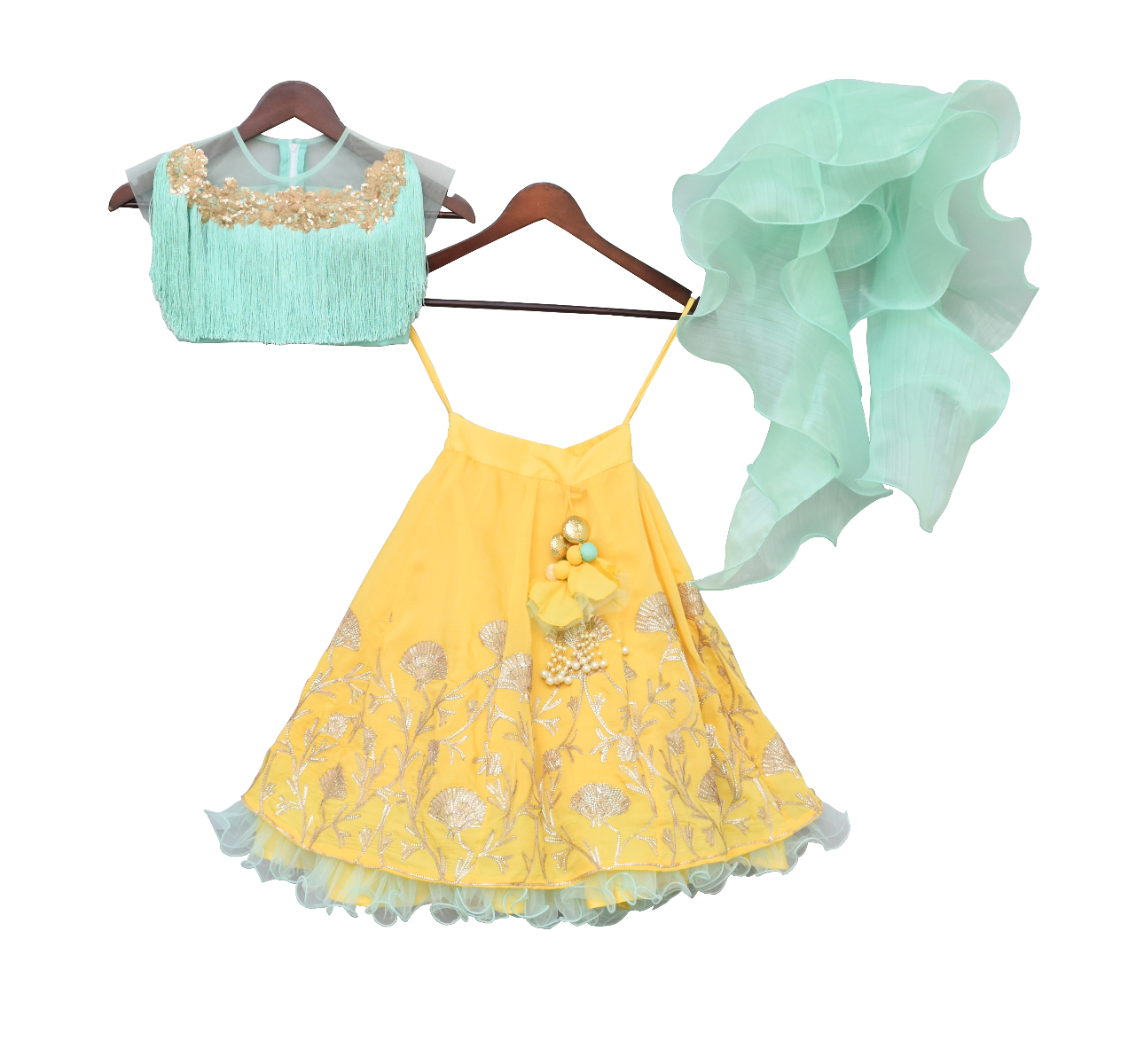Pre Order: Aqua Blue Tassel Top with Yellow Gota Lehenga Set - Indian Bridal Wear for Weddings & Festivals
