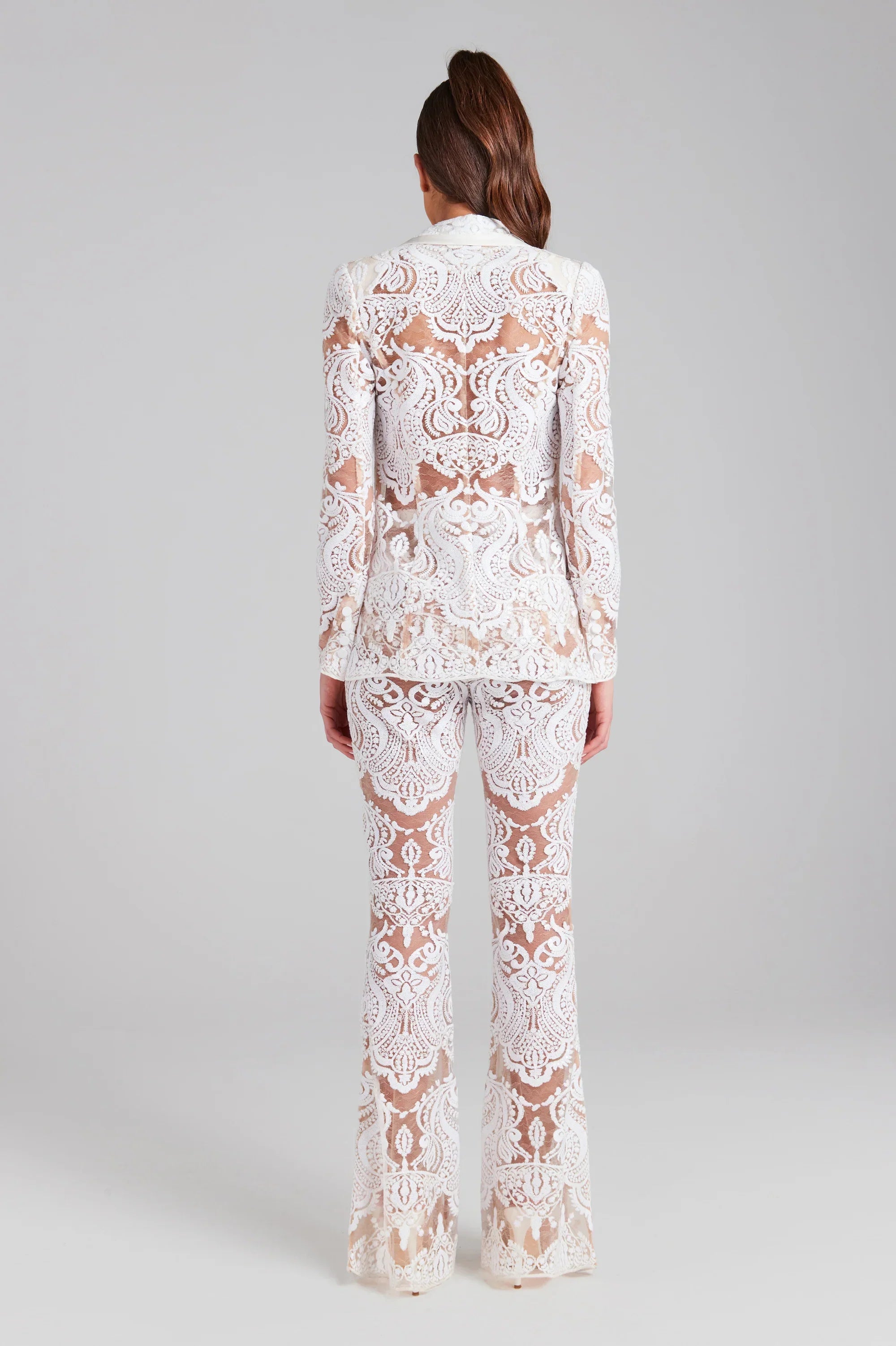 2023 Women's White Lace 2-Piece Outfit - Sexy See-Through Suit Coat & Flare Pants Set for Evening Parties, Date Nights & Special Occasions