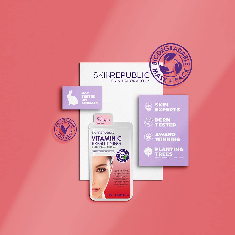 Skin Republic Vitamin C Brightening Sheet Face Mask - Brightens & Evens Skin Tone for Radiant Glow | Hydrating Facial Treatment for Dull Skin | Perfect for Daily Skincare Routine & Pre-Makeup Prep (1 Pack)