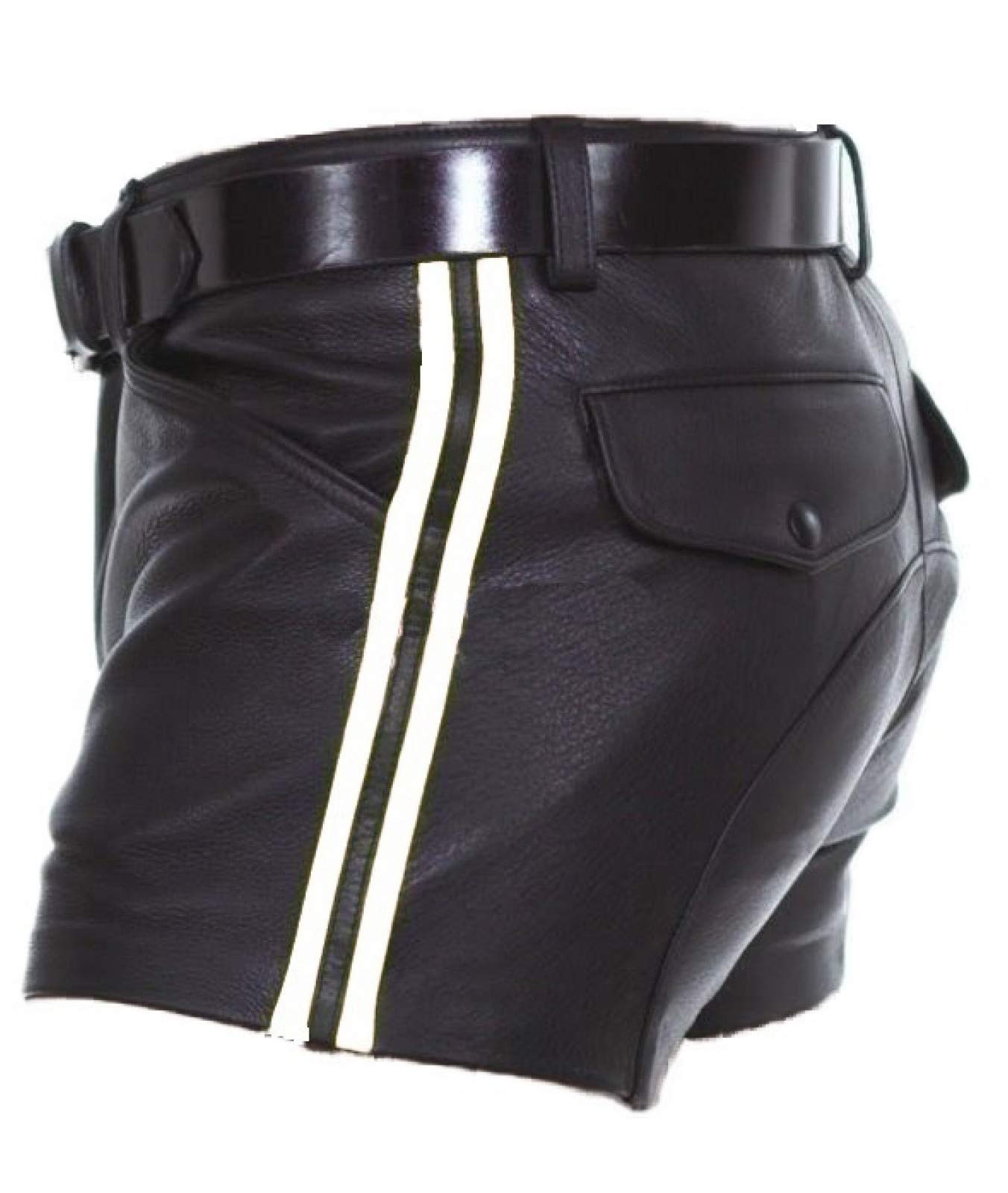 Men's Sexy Black Soft Sheep Leather Shorts with Stripes - Stylish Half Pant Design for Nightlife, Parties & Casual Wear