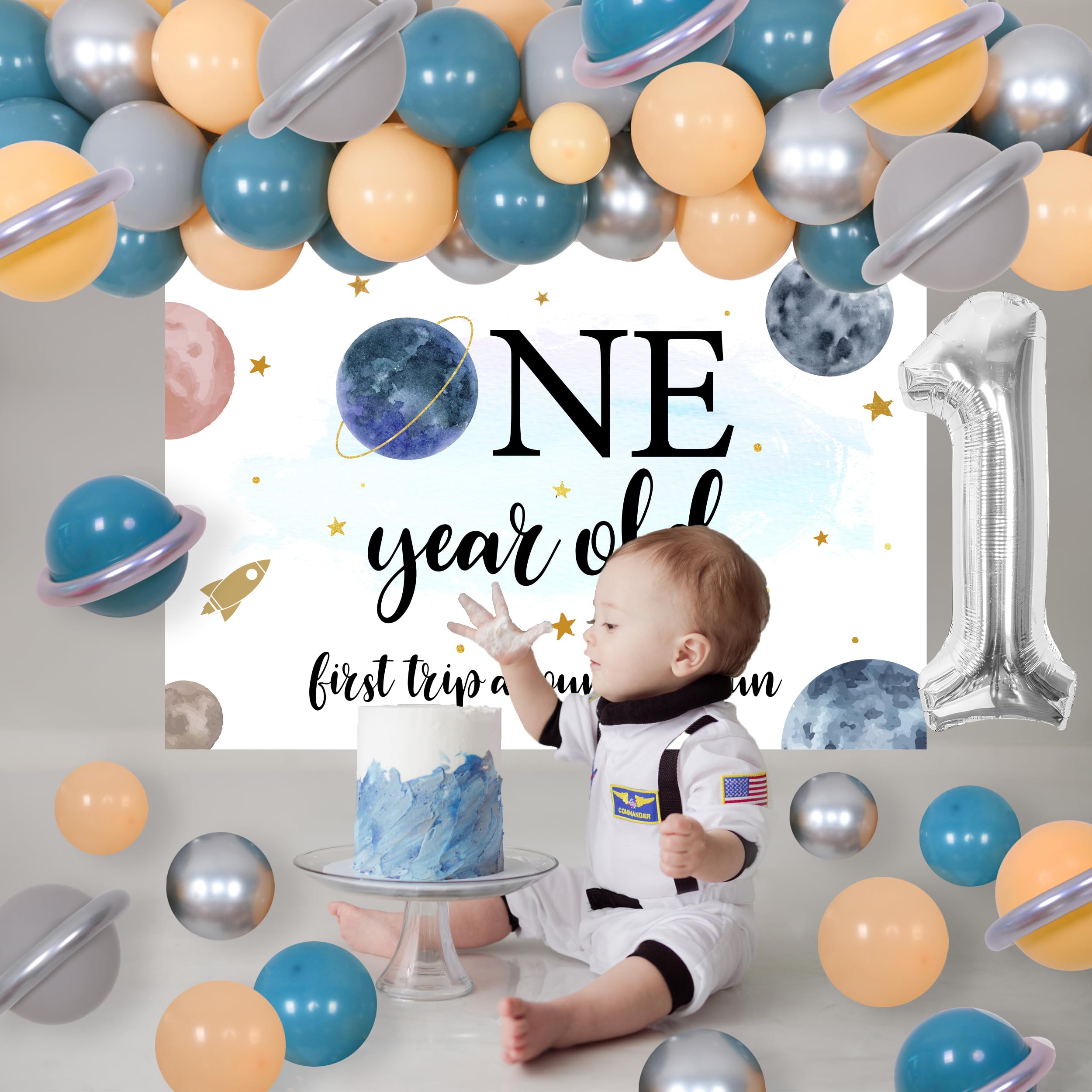 Outer Space Themed 1st Birthday Party Decorations for Boys - First Trip Around the Sun Balloon Garland Arch, One Year Old Backdrop, Planet Star Astronaut Foil Balloons | Perfect for Baby Boy's First Birthday, Space-Themed Nursery Decor, and Cosmic Celebration Parties