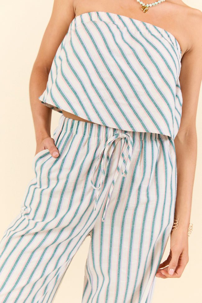 Women's Summer Stripes Strapless Crop Top and High Waist Pants Set - Casual Outfit for Beach Vacation, Pool Party & Date Night