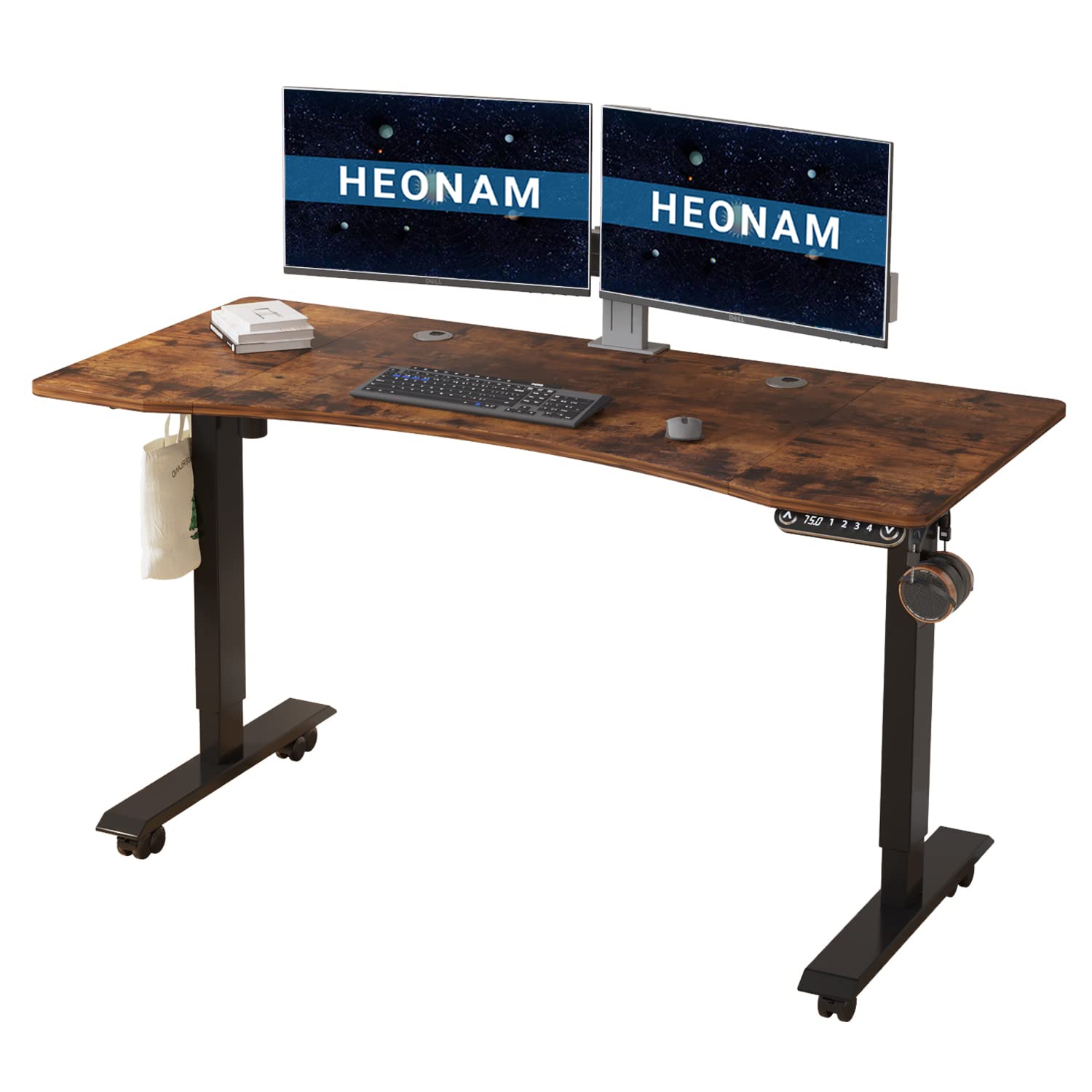 HEONAM 55 x 30 Inches Electric Standing Desk - Height Adjustable Ergonomic Workstation with 4 Memory Presets, Splice Board & Rustic Brown Top (Black Frame) - Perfect for Home Office, Gaming Setup & Remote Work