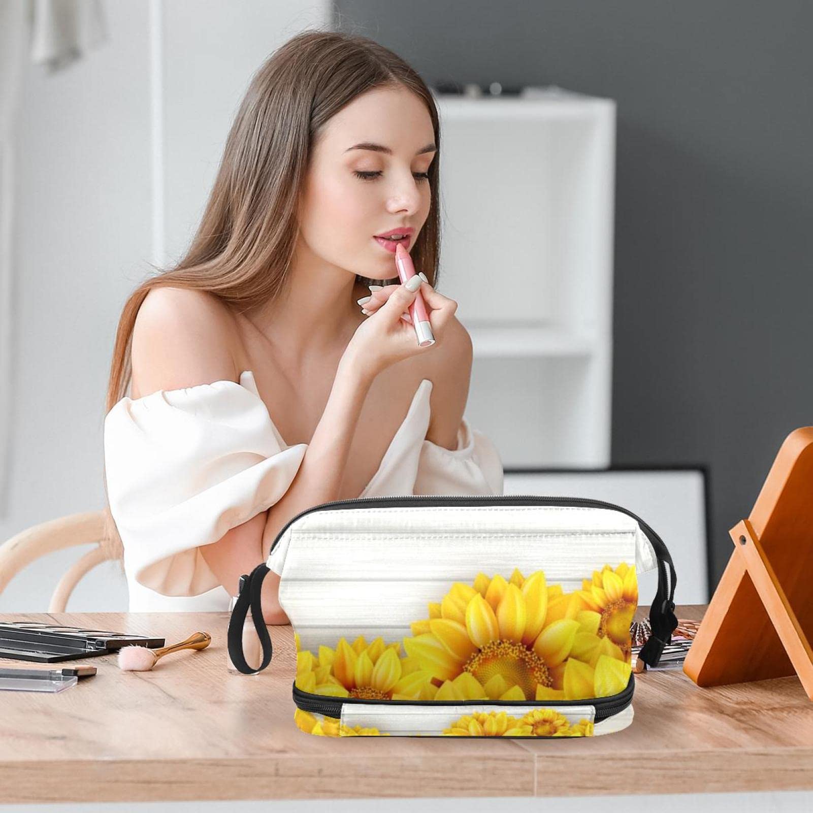Large Travel Cosmetic Bag for Women - Wood & Sunflower Pattern Makeup Organizer Toiletry Pouch | Perfect for Vacation, Gym, and Daily Essentials Storage