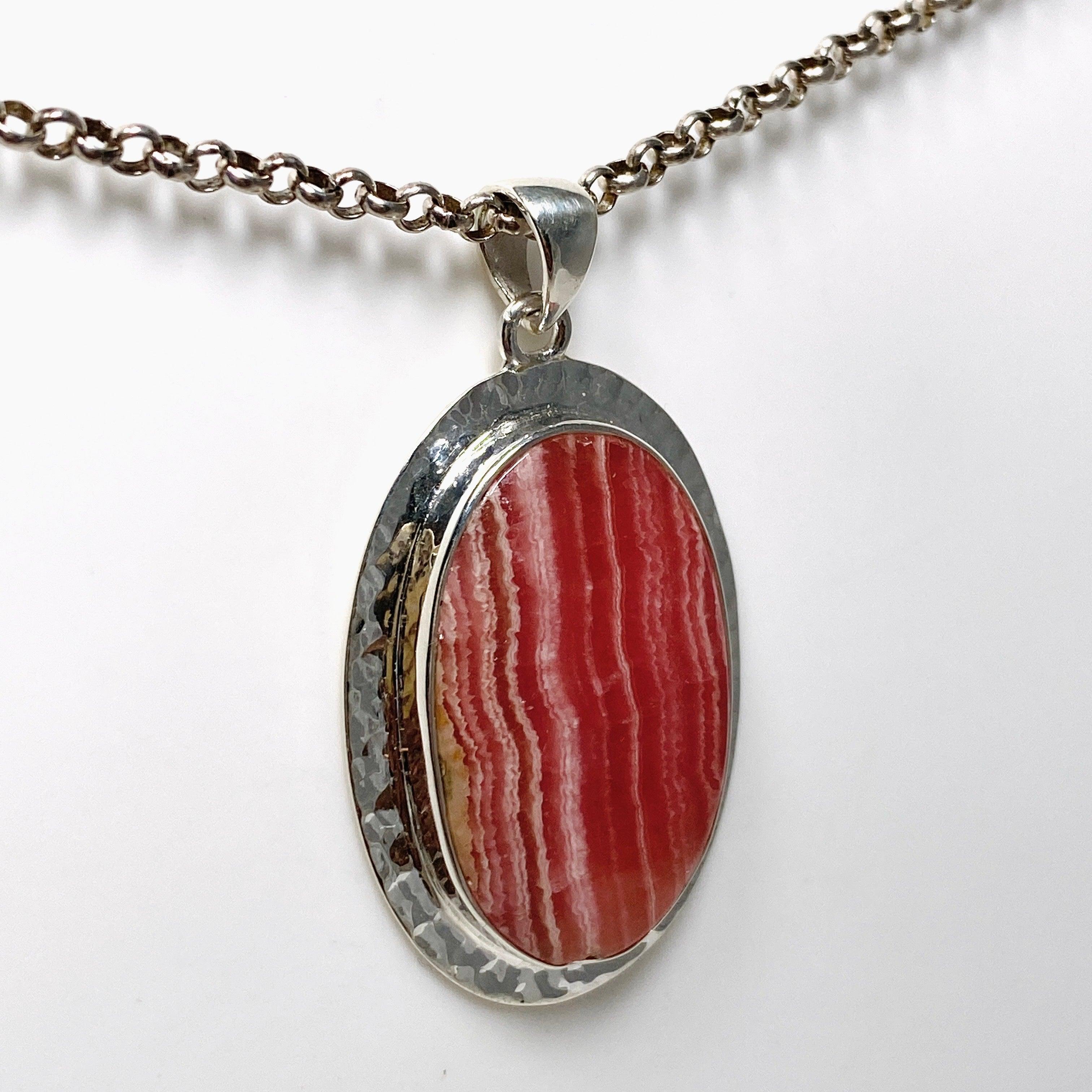 Rhodochrosite Oval Pendant Necklace - Handcrafted Hammered Sterling Silver Setting KPGJ4320 | Elegant Jewelry Gift for Women, Perfect for Weddings & Special Occasions