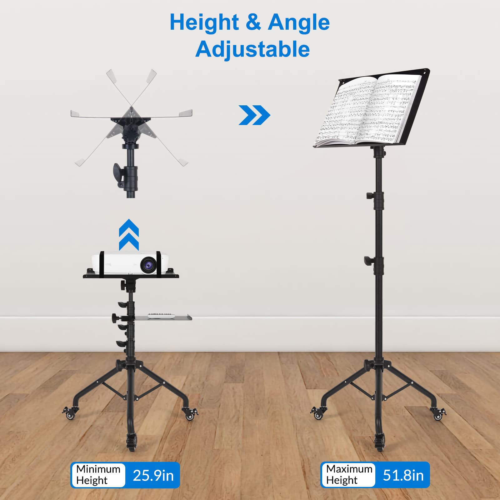 Adjustable Laptop Tripod Stand on Wheels with 2 Shelves & Phone Holder - Portable Projector Floor Stand (25.9 to 51.8 Inch Height) - Perfect for Home Office, Classroom Presentations & Mobile Workstations