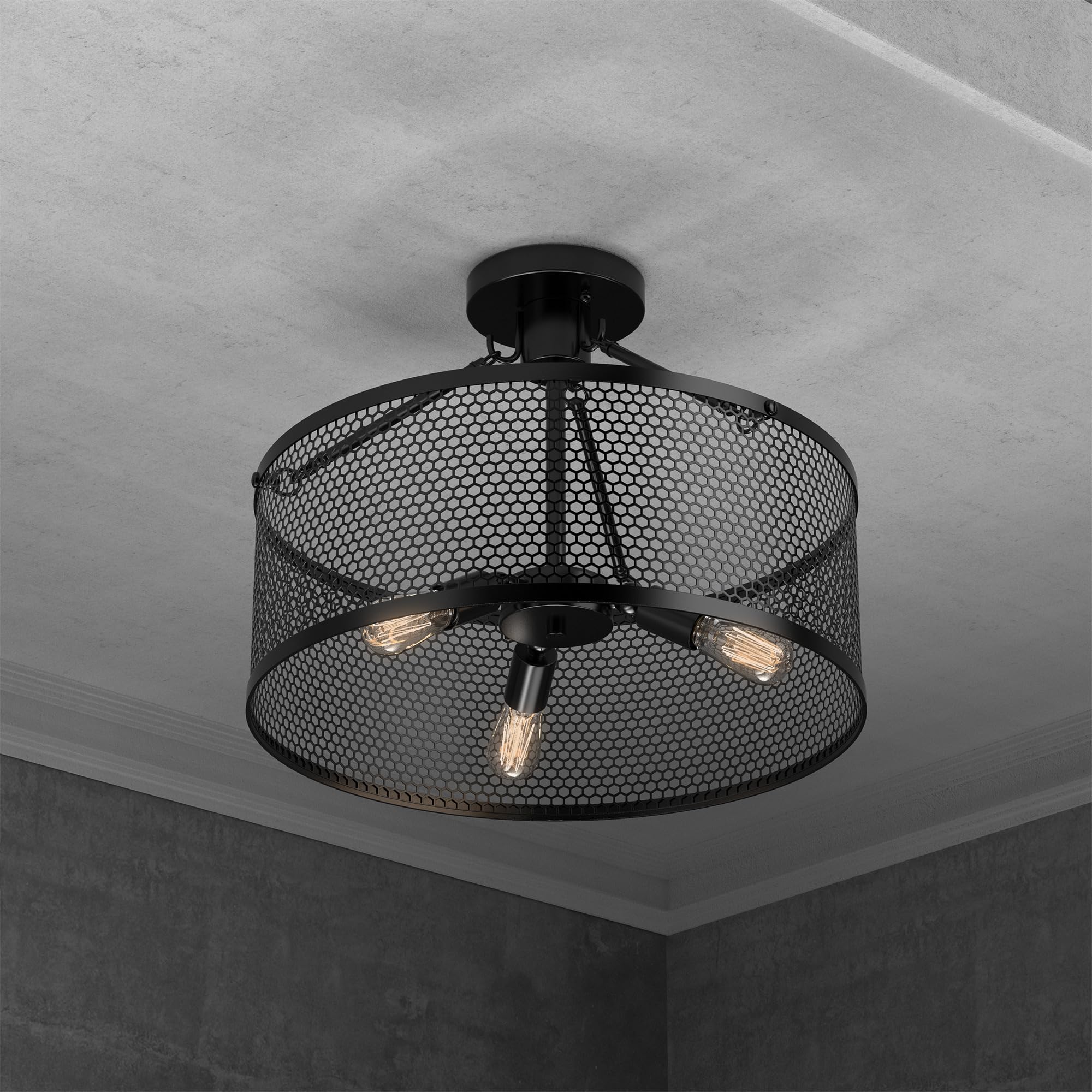 LEDMyplace 3-Light Drum Semi Flush Mount Ceiling Light Fixture - Matte Black Steel Cage, UL Listed, Farmhouse Style - Perfect for Bedroom, Living Room & Hallway - E26 Base (Bulb Not Included) | Modern Home Lighting for Cozy Ambiance & Energy-Efficient Illumination