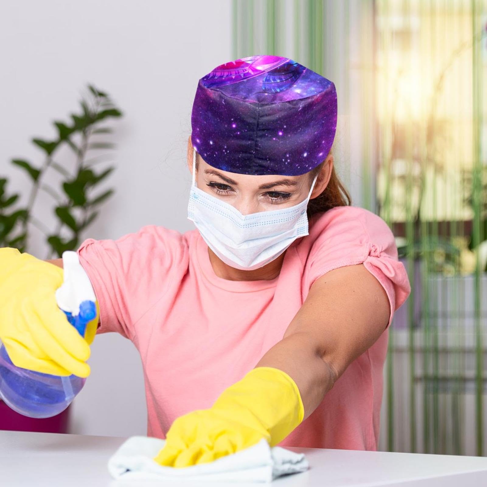 Suojapuku Adjustable Cotton Scrub Cap - Purple Space Butterfly Design, Breathable Bouffant Work Hat for Nurses, Doctors & Medical Professionals | Comfortable & Washable for Long Shifts