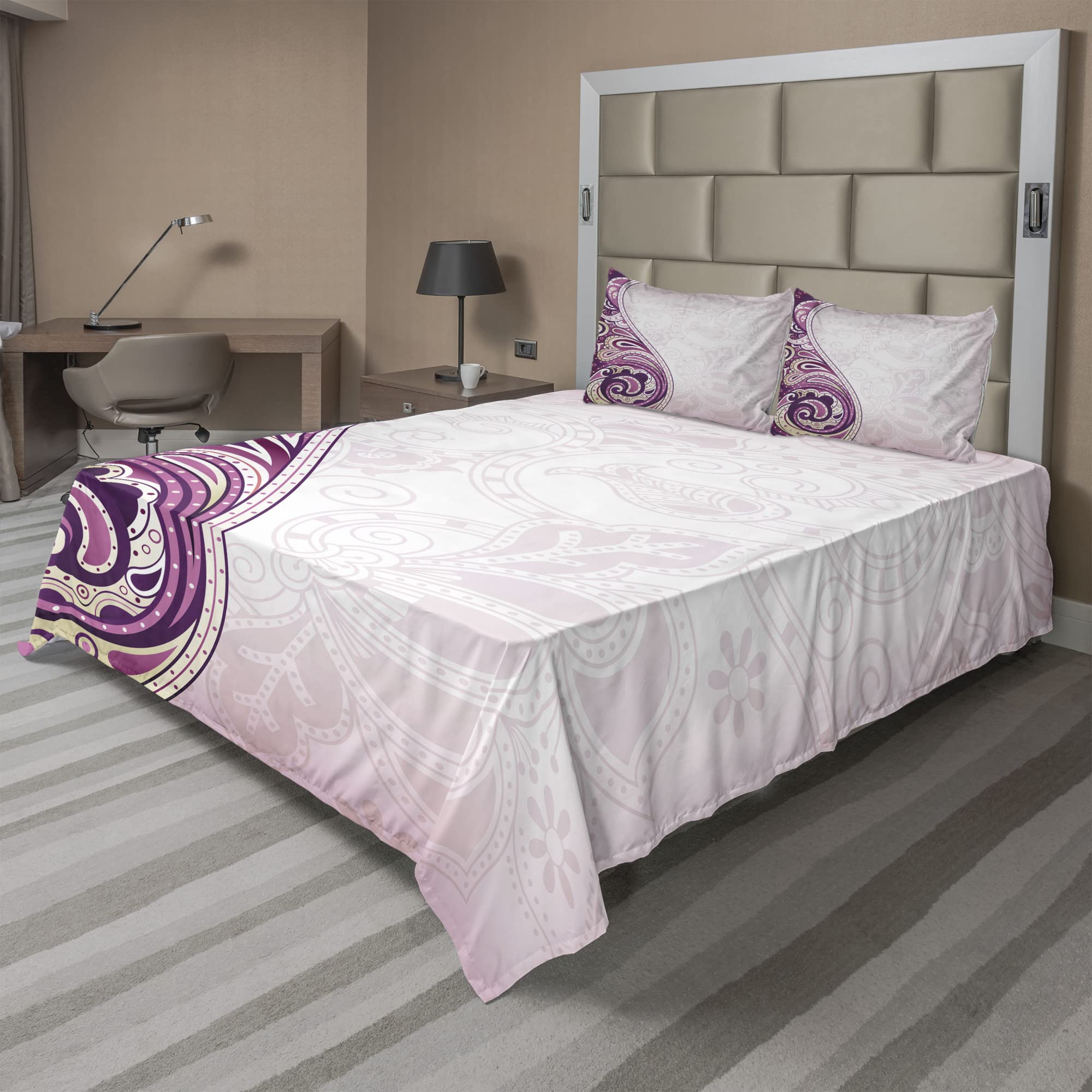 Ambesonne Floral King Sheet Set - 4 Piece Bedding with Swirled Petals Oriental Design, Fitted & Flat Sheets + Pillowcases - Pale Pink Fuchsia Plum - Perfect for Master Bedroom, Guest Room & Bohemian Home Decor