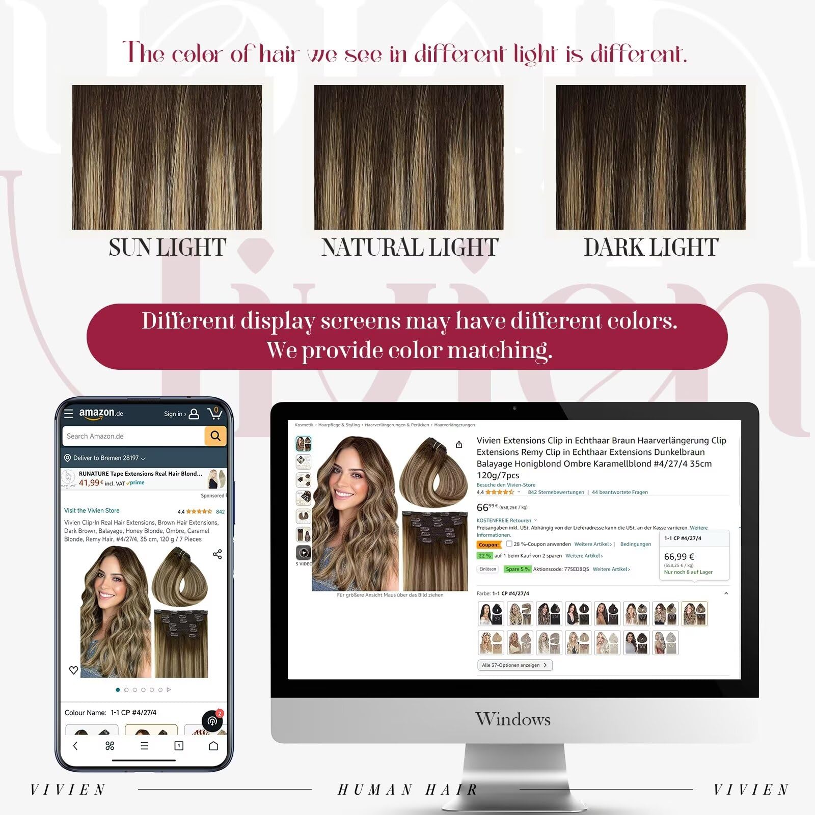 Vivien Remy Clip-In Invisible Hair Extensions 24 Inch - Balayage Brown to Caramel Blonde Ombre, 7-Piece Set (135g) Real Human Hair for Volume & Length | Perfect for Weddings, Parties & Daily Styling
