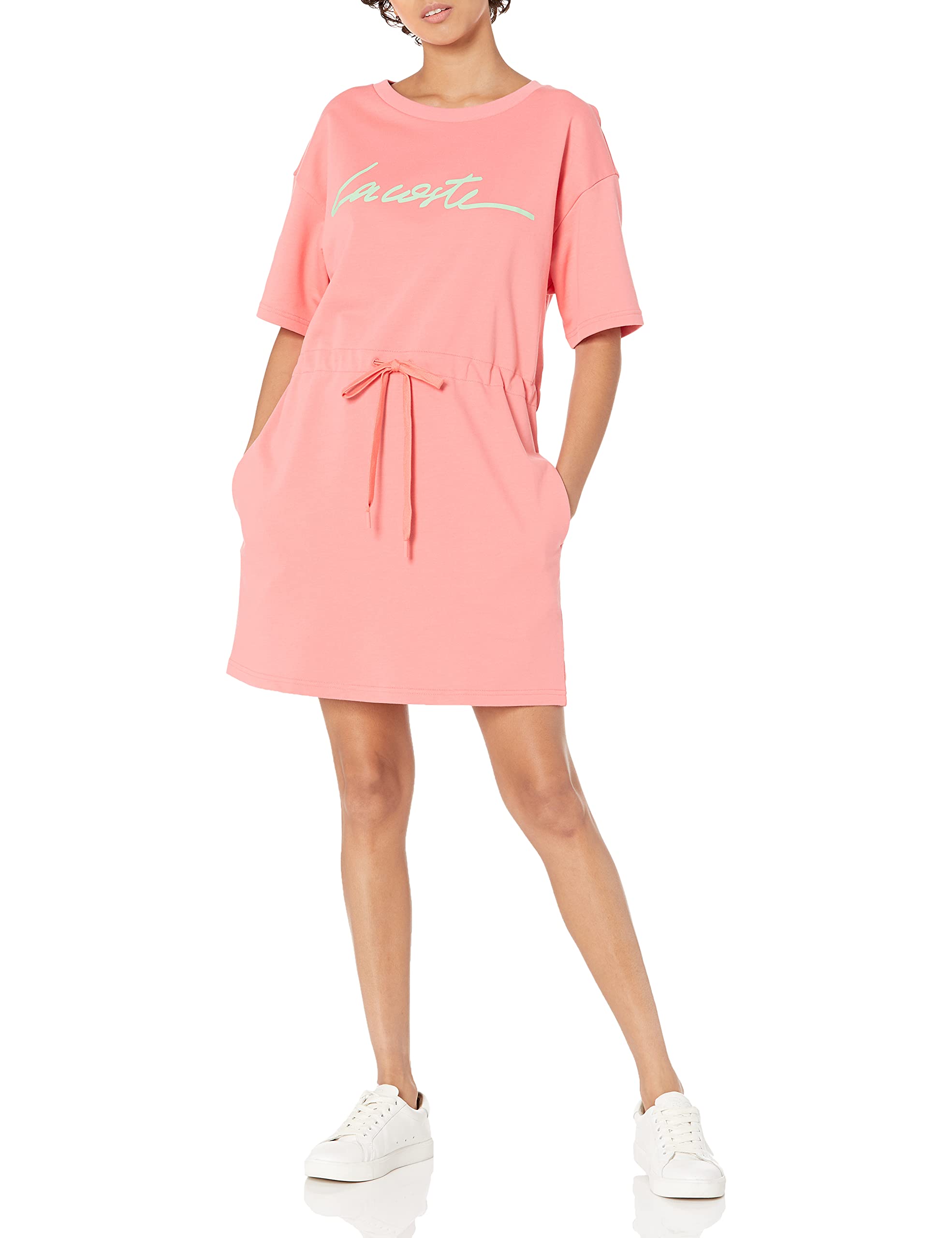 Lacoste Women's Short Sleeve Script T-Shirt Dress - Casual Summer Cotton Dress for Women | Perfect for Beach, Vacation & Everyday Wear