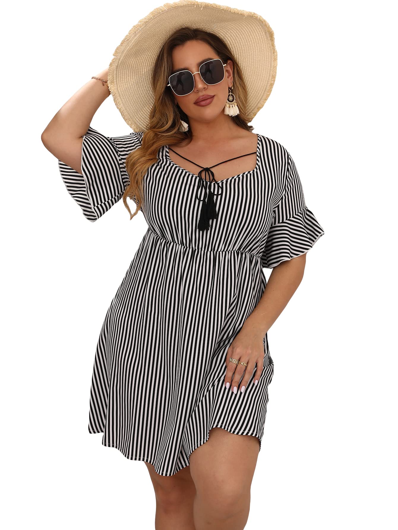 WDIRARA Women's Plus Size Striped A-Line Dress with Tie Front & Short Sleeves | Flattering Mini Dress for Casual Outings, Summer Parties & Date Nights
