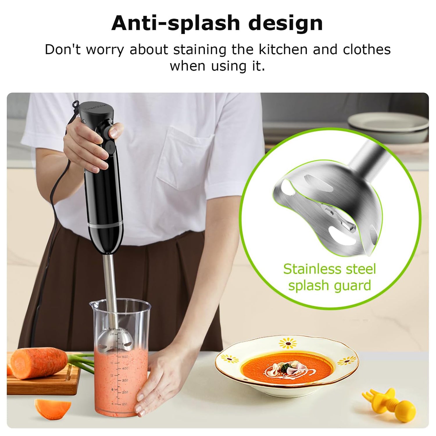 Bonsenkitchen 2-Speed Immersion Hand Blender - Stainless Steel Stick Mixer for Soup, Smoothie, Puree & Baby Food | Perfect for Kitchen, Baby Food Prep & Healthy Blending at Home