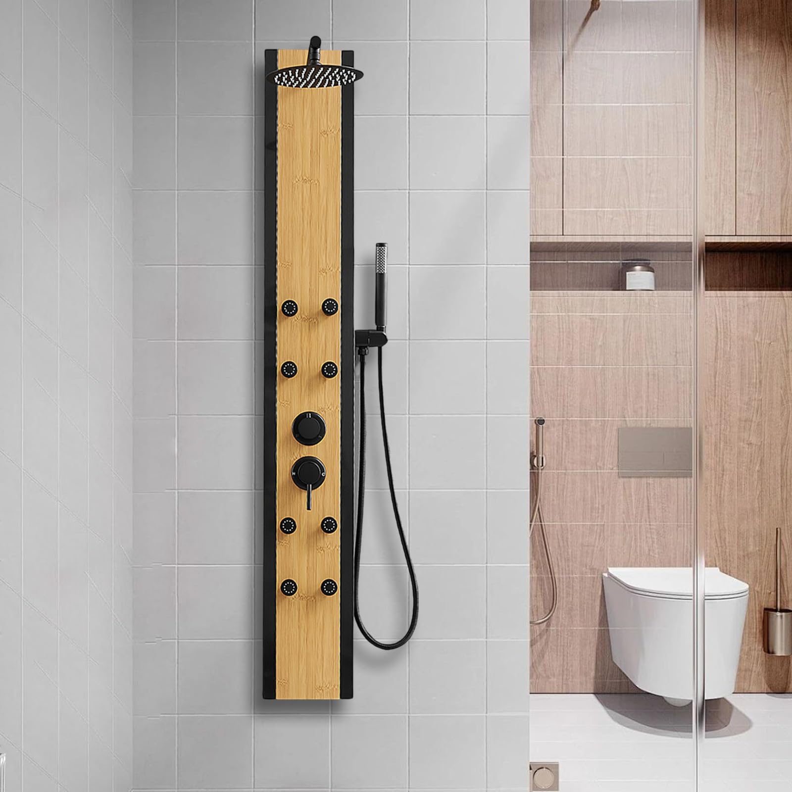 Premium Black Shower Tower with Natural Wood Accents - 304 Stainless Steel Shower Panel System Featuring 8-inch Rainfall Showerhead & 4 Massage Body Jets - Perfect for Home, Hotel, and Luxury Bathroom Renovations - Creates Spa-like Experience for Relaxation and Refreshment
