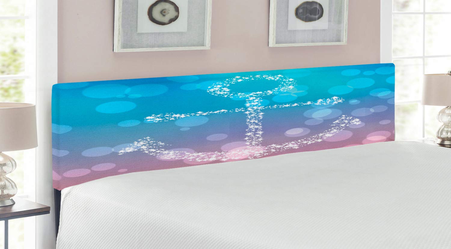 Ambesonne King Size Upholstered Anchor Headboard - Starry Marine Bubbles Abstract Art Print with Memory Foam | Pink & Blue Nautical Bed Headboard for Coastal & Modern Bedroom Decor