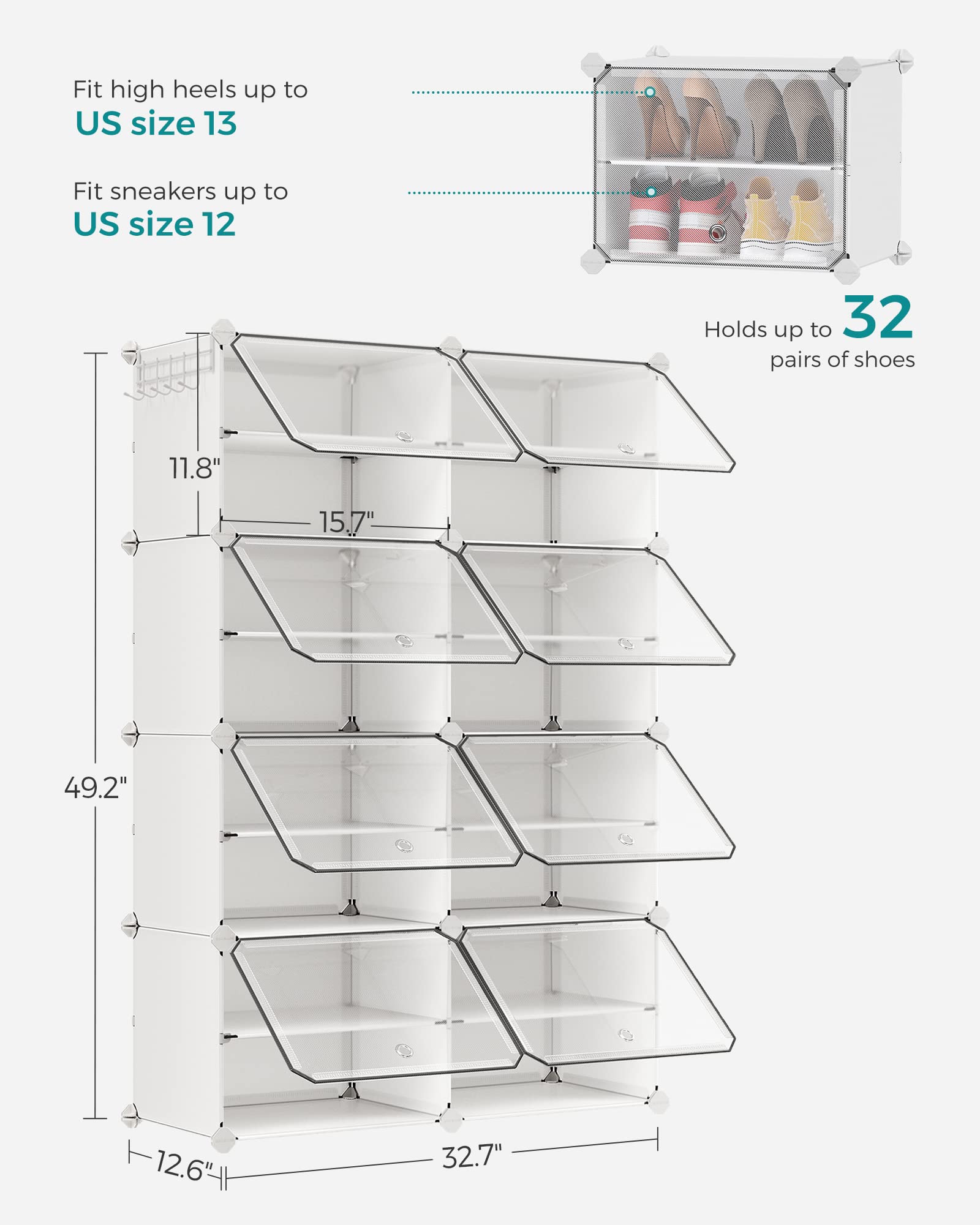 SONGMICS 8-Tier Shoe Rack Organizer - Adjustable Shoe Storage Cabinet for Closet, Entryway & Hallway - Holds 32 Pairs of Shoes - White ULPC034W01 | Perfect for Small Spaces, Apartment Living & Shoe Organization
