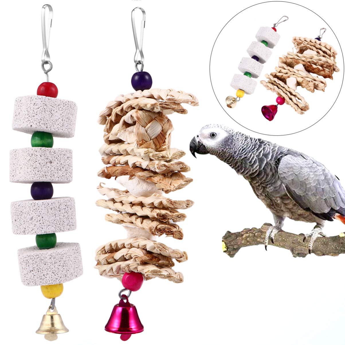 Balacoo Parrot Chew Toys - 2 Pack Woven Grass Molar Chewing Toys with Bell for Teeth Grinding & Bite Care | Hanging Cage Hammock Toys for Parakeets & Pet Birds | Perfect for Cage Enrichment & Beak Maintenance