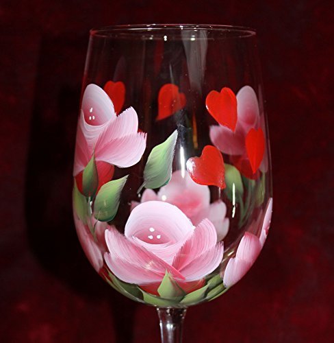 Hand Painted Valentine's Day Wine Glasses Set of 2 - Romantic Rose & Heart Design for Couples, Anniversary Gifts, Wedding Favors - Perfect for Date Nights, Romantic Dinners & Special Occasions